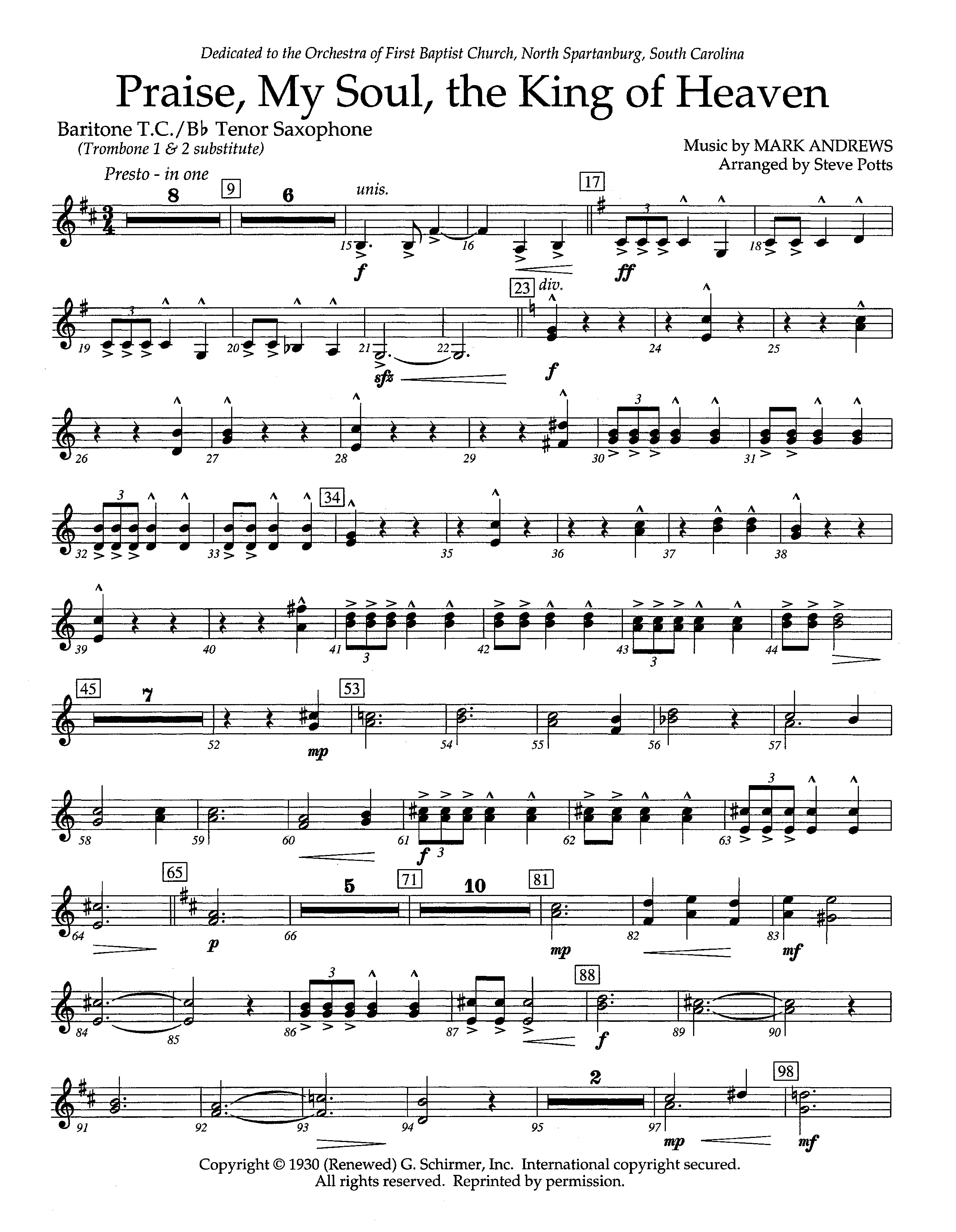 Praise My Soul The King Of Heaven (Instrumental) Tenor Sax/Baritone T.C. (Lifeway Worship / Arr. Steve Potts)