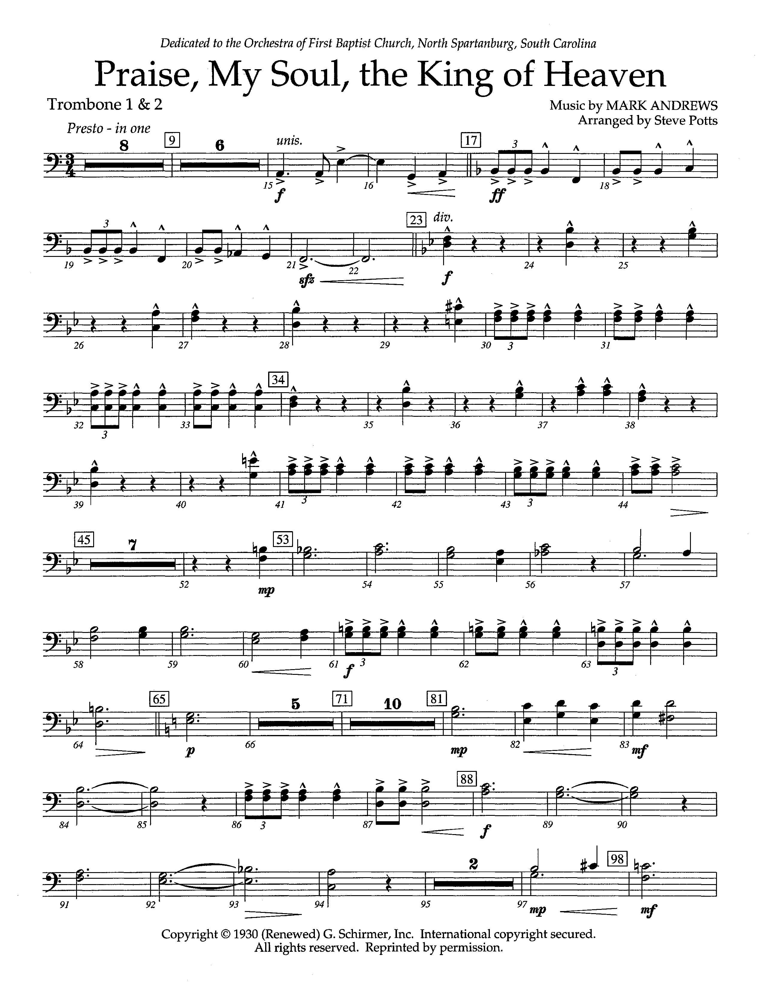 Praise My Soul The King Of Heaven (Instrumental) Trombone 1/2 (Lifeway Worship / Arr. Steve Potts)