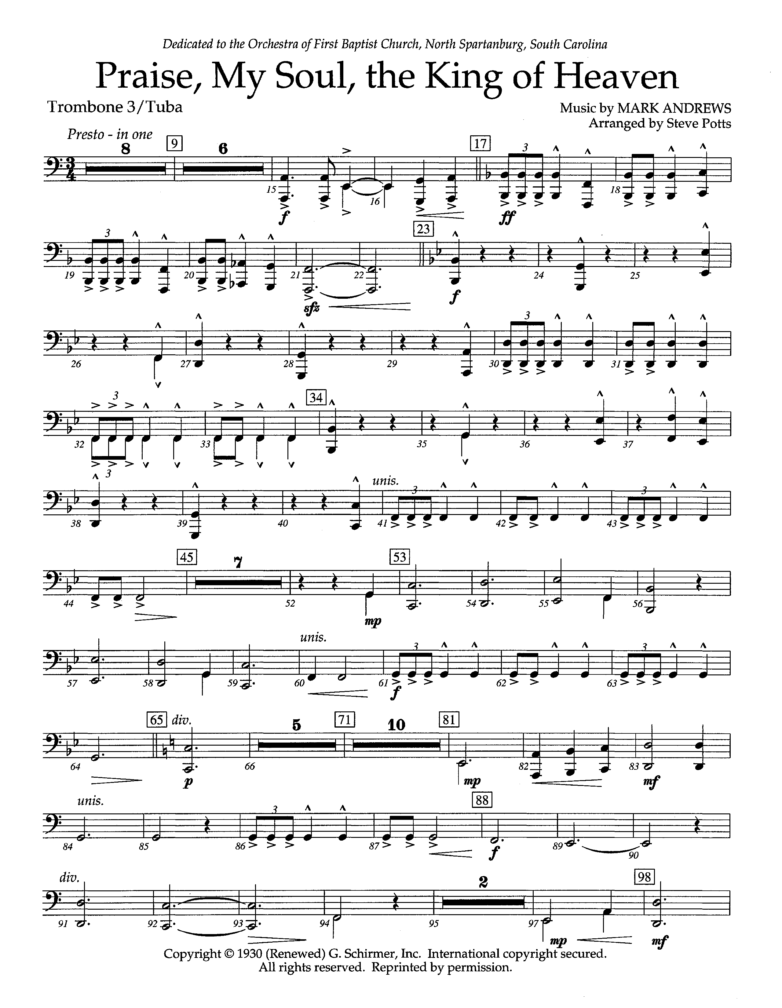 Praise My Soul The King Of Heaven (Instrumental) Trombone 3/Tuba (Lifeway Worship / Arr. Steve Potts)