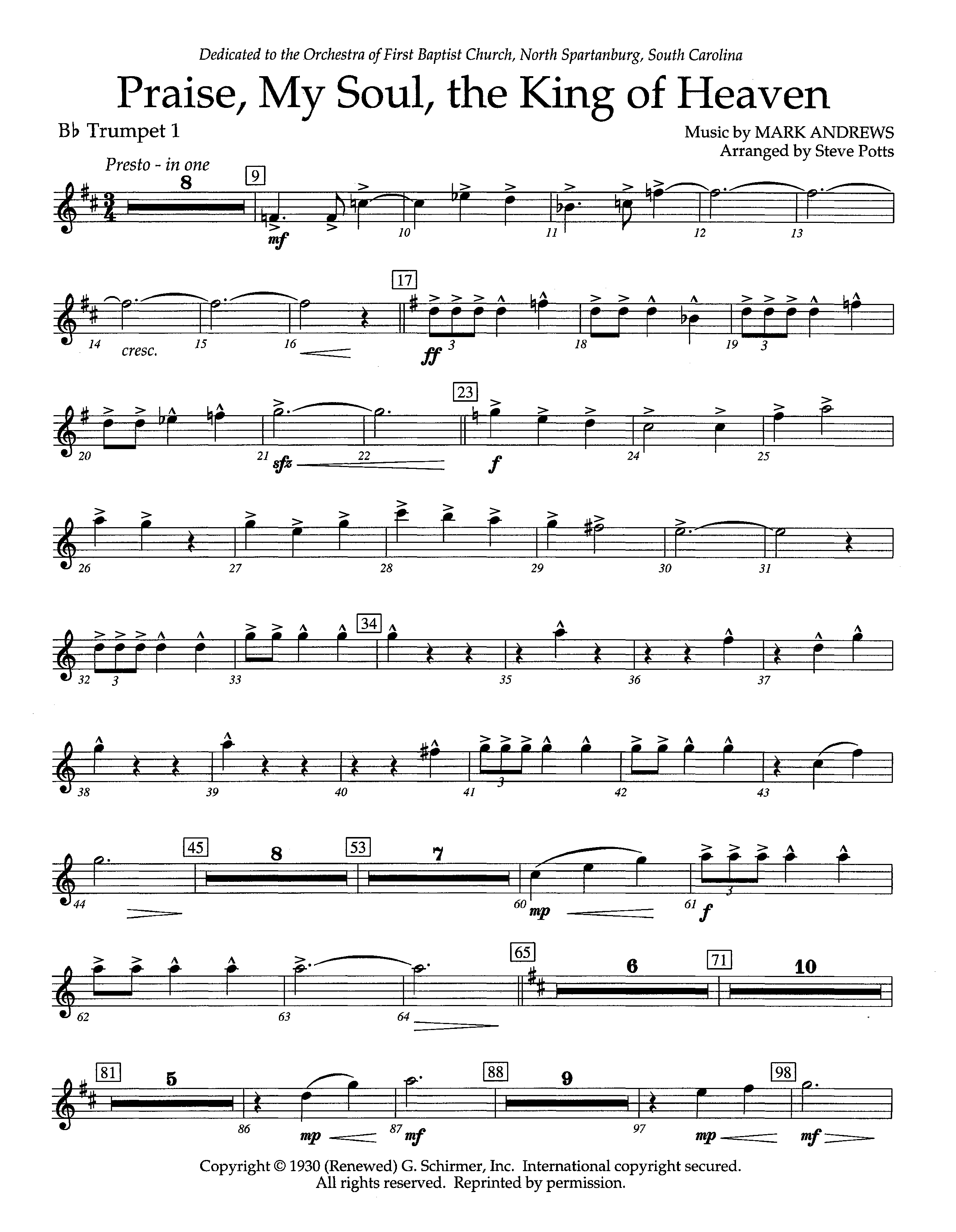 Praise My Soul The King Of Heaven (Instrumental) Trumpet 1 (Lifeway Worship / Arr. Steve Potts)