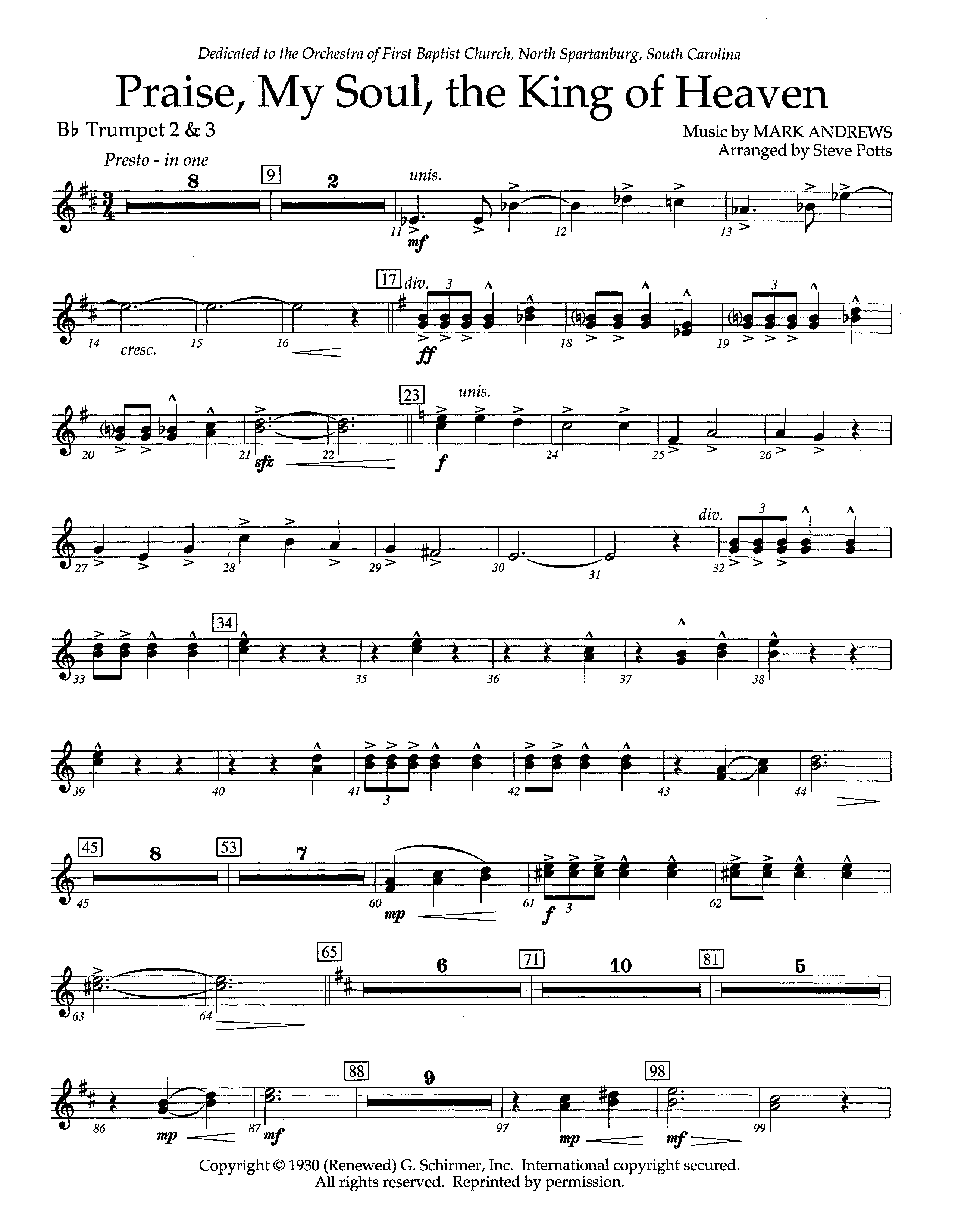 Praise My Soul The King Of Heaven (Instrumental) Trumpet 2/3 (Lifeway Worship / Arr. Steve Potts)