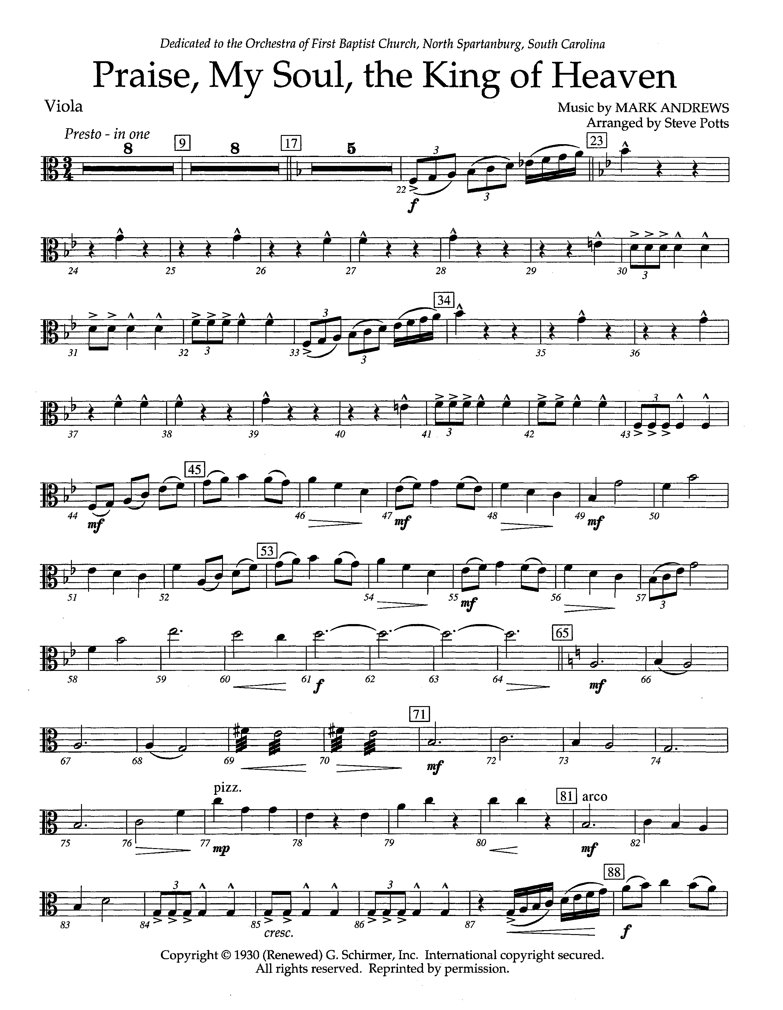 Praise My Soul The King Of Heaven (Instrumental) Viola (Lifeway Worship / Arr. Steve Potts)