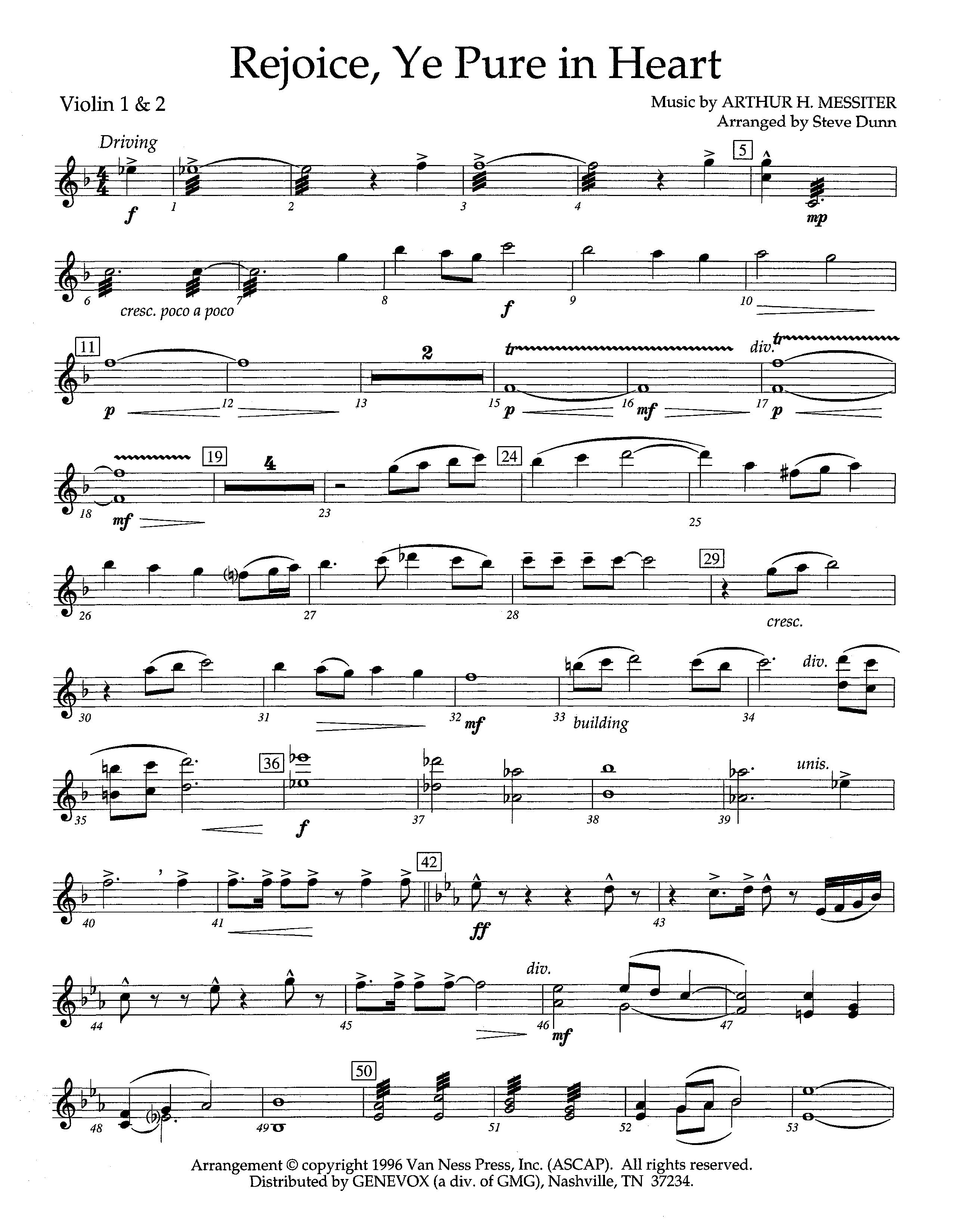 Rejoice Ye Pure In Heart (Instrumental) Violin 1/2 (Lifeway Worship / Arr. Steve Dunn)