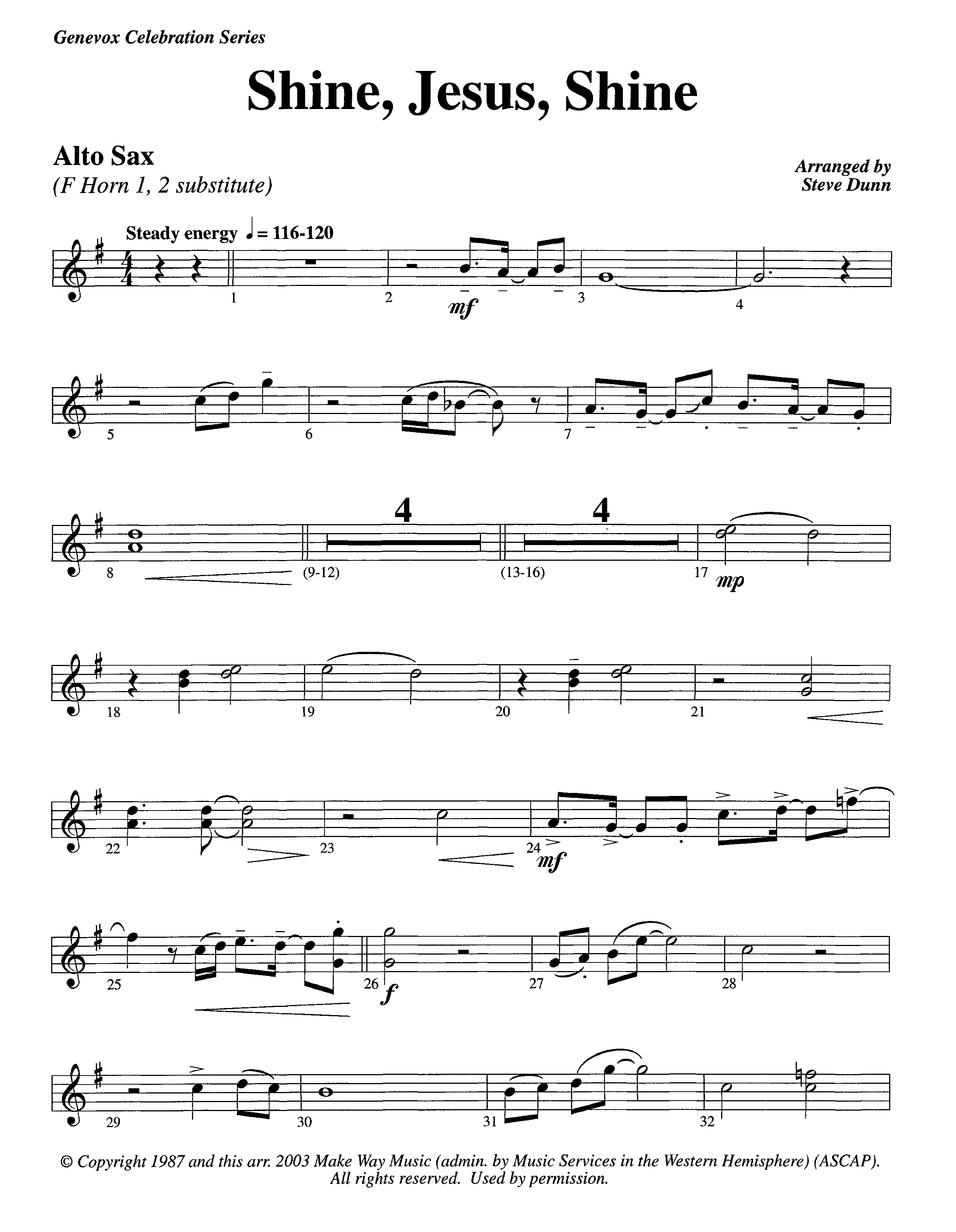 Shine Jesus Shine (Instrumental) Alto Sax (Lifeway Worship / Arr. Steve Dunn)