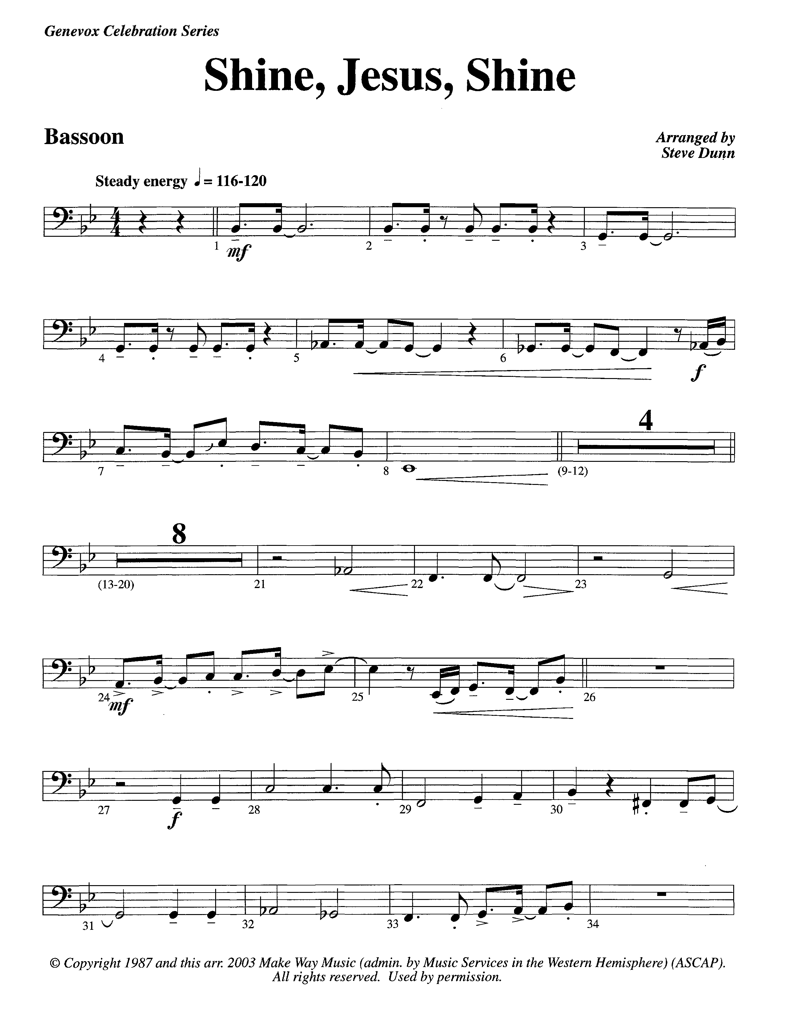 Shine Jesus Shine (Instrumental) Bassoon (Lifeway Worship / Arr. Steve Dunn)