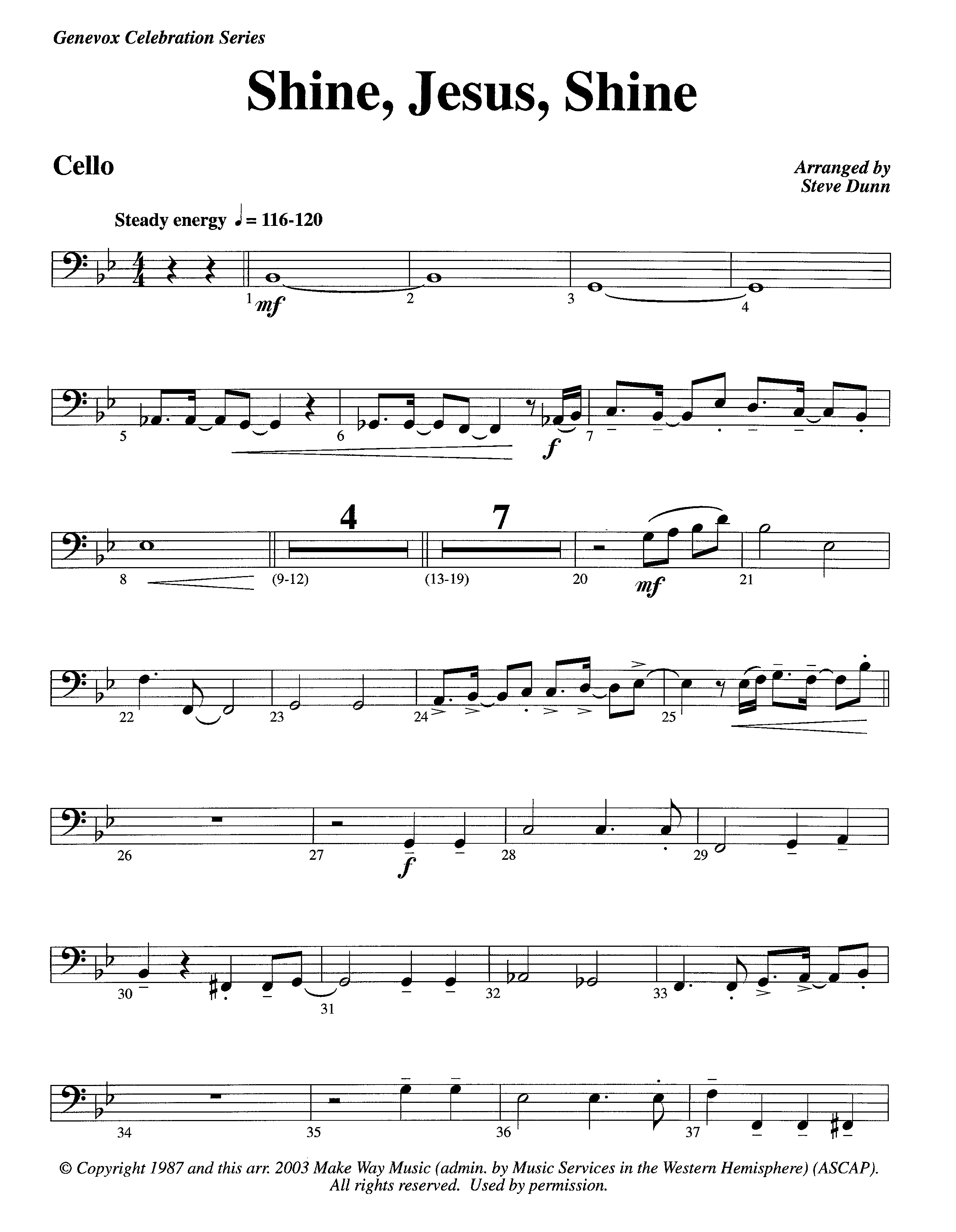 Shine Jesus Shine (Instrumental) Cello (Lifeway Worship / Arr. Steve Dunn)