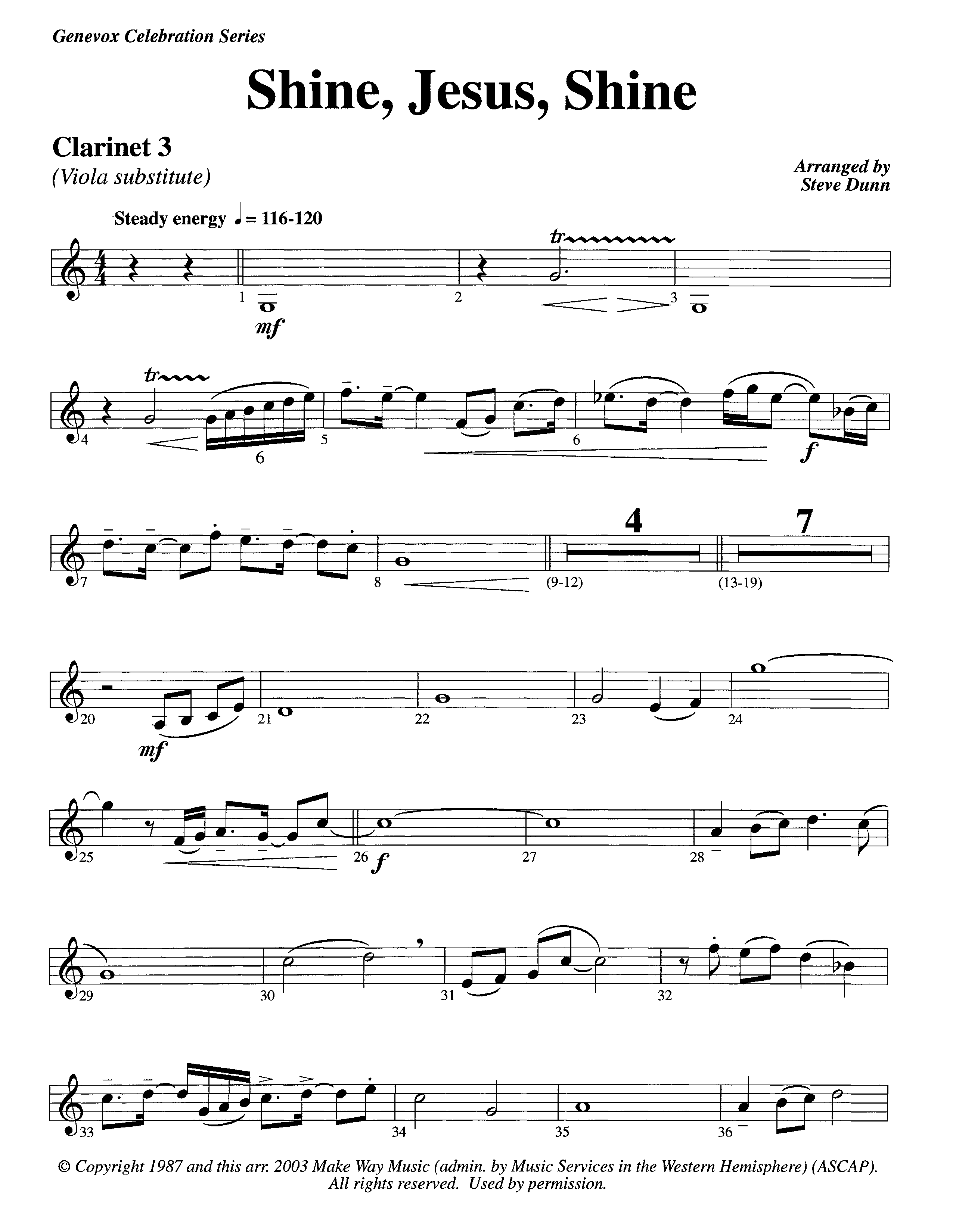 Shine Jesus Shine (Instrumental) Clarinet 3 (Lifeway Worship / Arr. Steve Dunn)