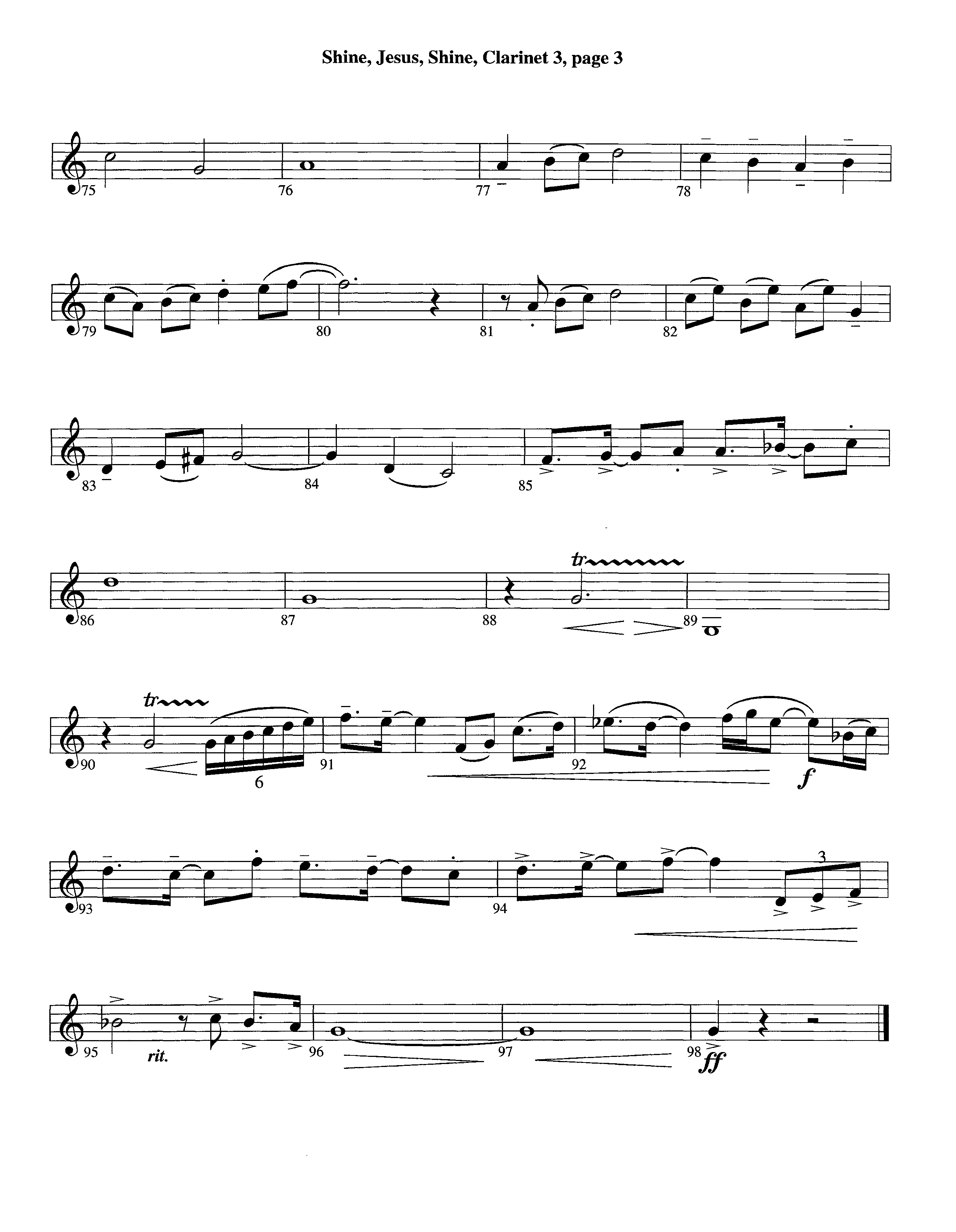 Shine Jesus Shine (Instrumental) Clarinet 3 (Lifeway Worship / Arr. Steve Dunn)