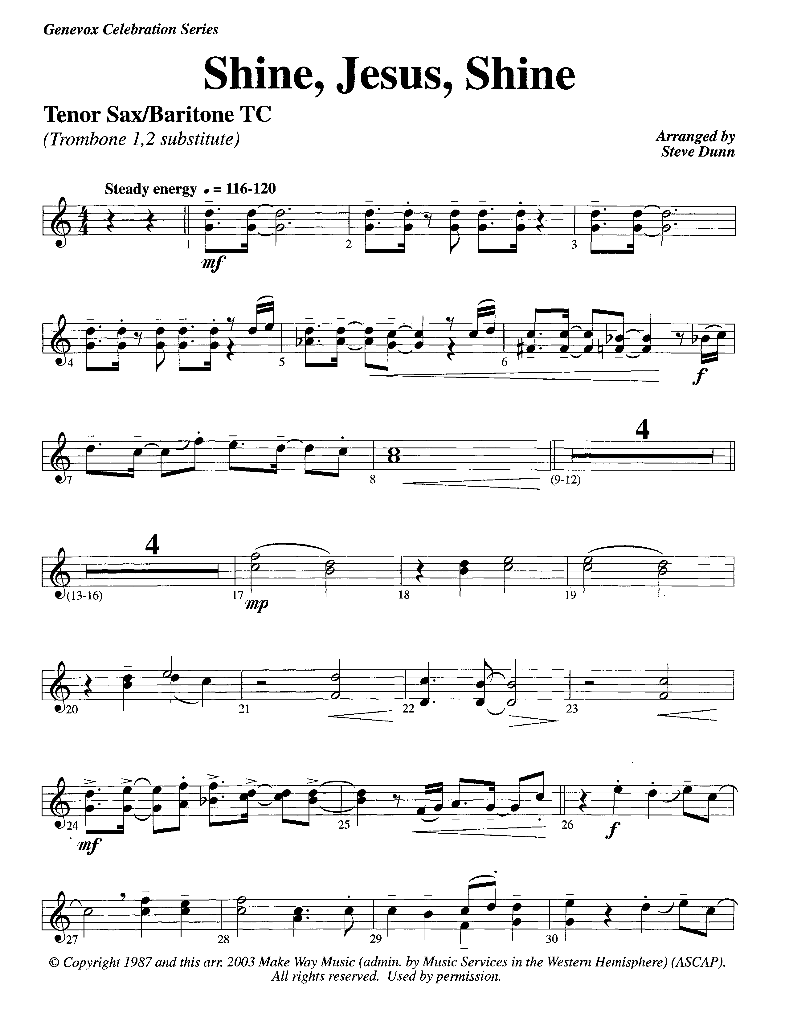 Shine Jesus Shine (Instrumental) Tenor Sax/Baritone T.C. (Lifeway Worship / Arr. Steve Dunn)