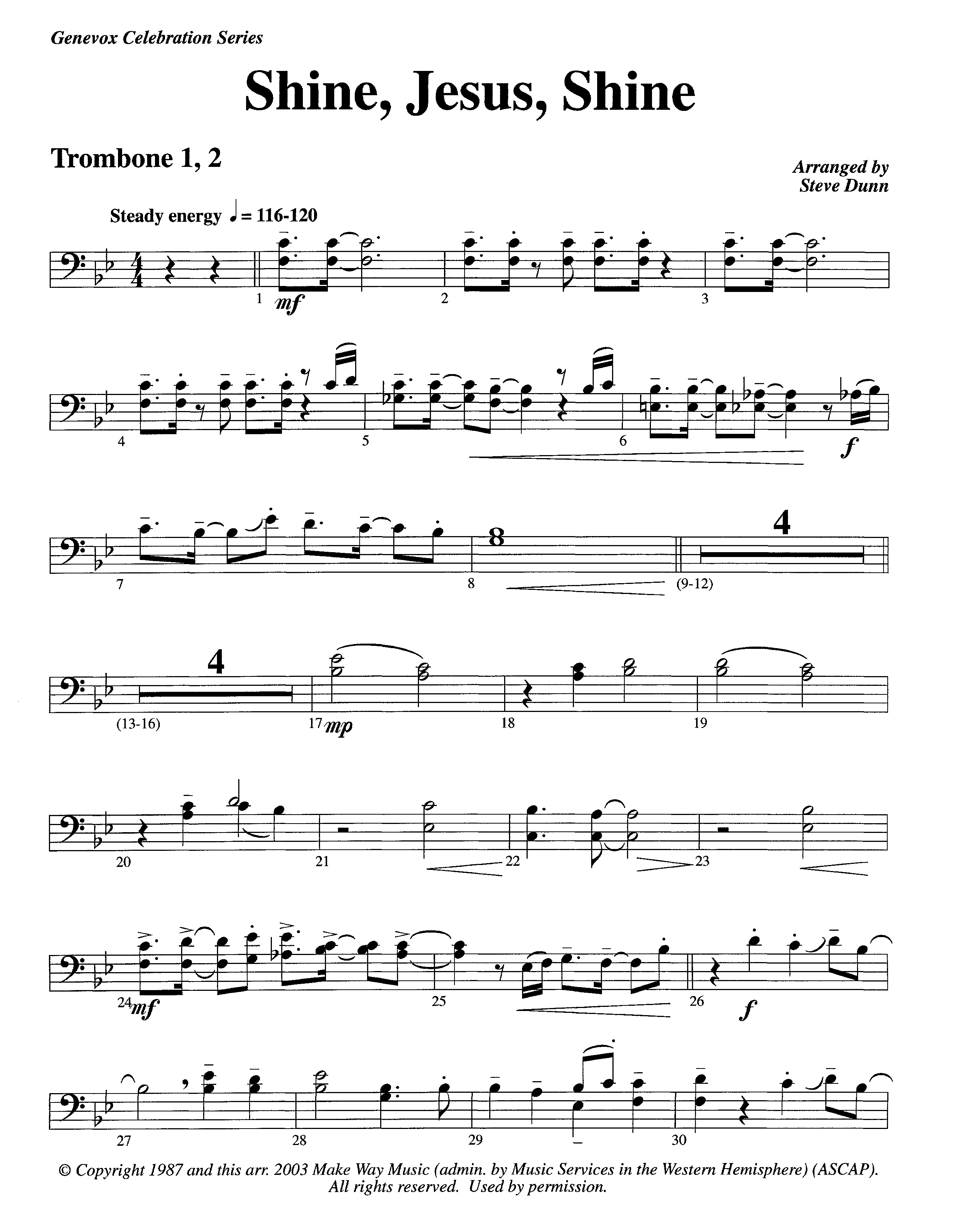 Shine Jesus Shine (Instrumental) Trombone 1/2 (Lifeway Worship / Arr. Steve Dunn)