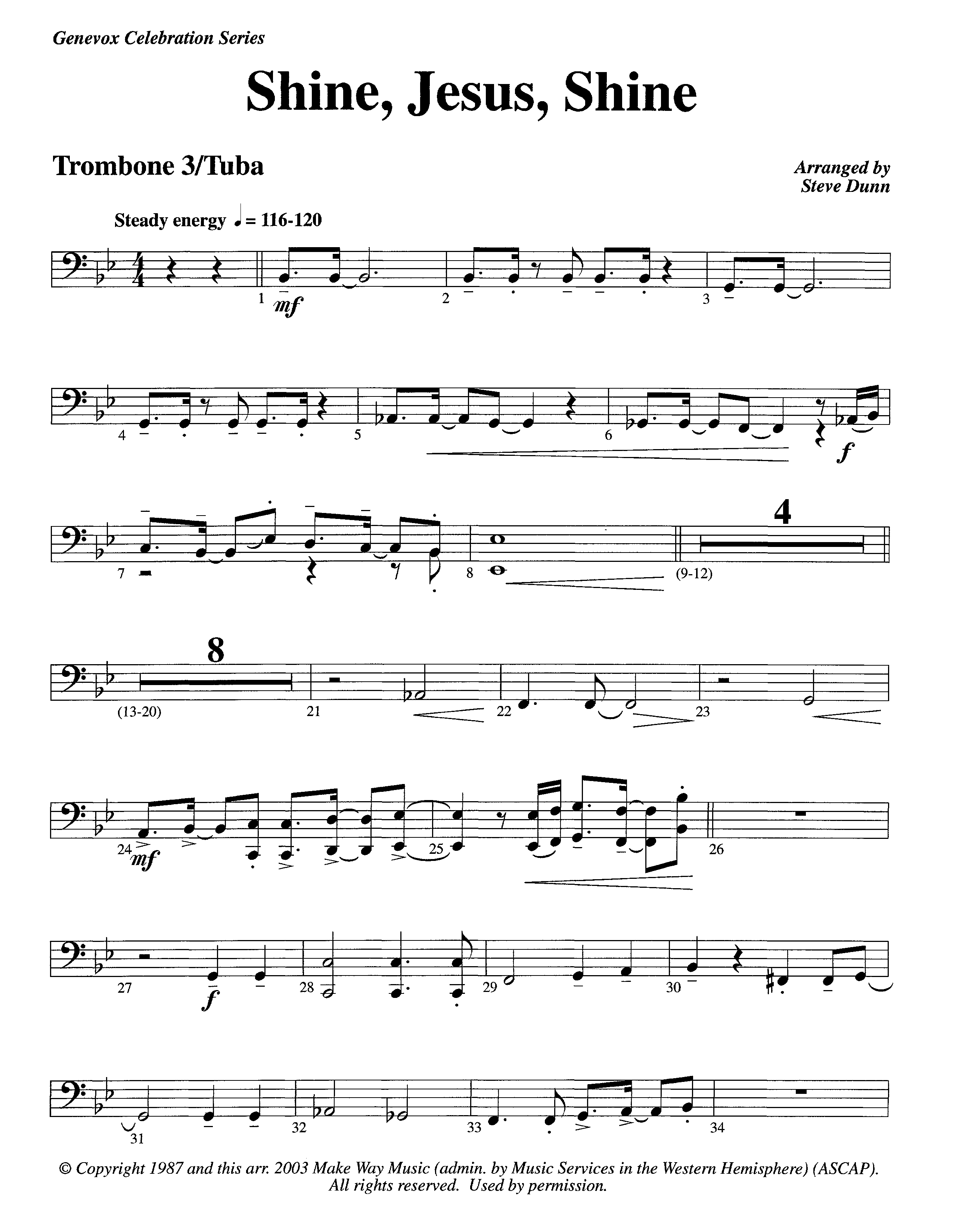 Shine Jesus Shine (Instrumental) Trombone 3/Tuba (Lifeway Worship / Arr. Steve Dunn)