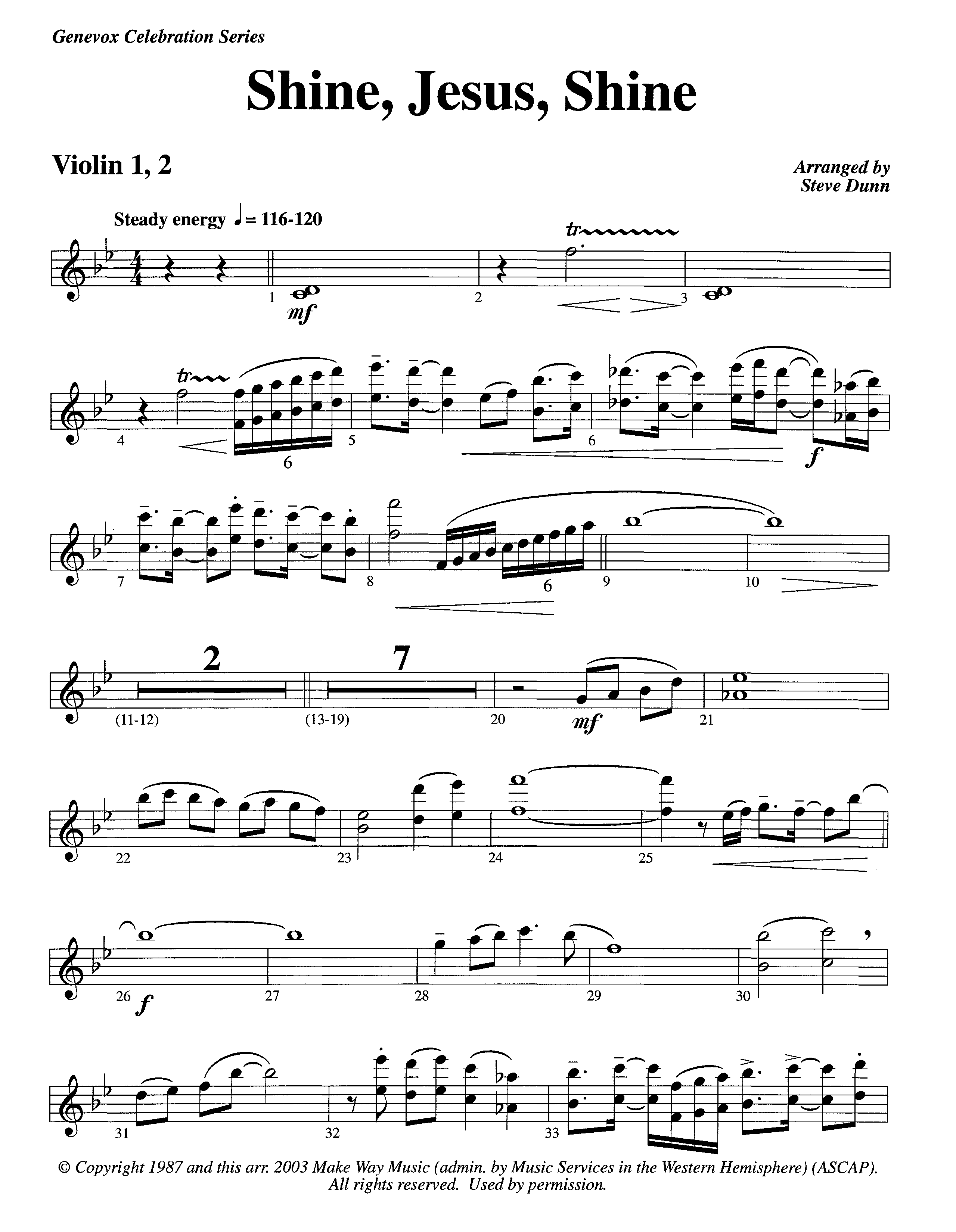 Shine Jesus Shine (Instrumental) Violin 1/2 (Lifeway Worship / Arr. Steve Dunn)