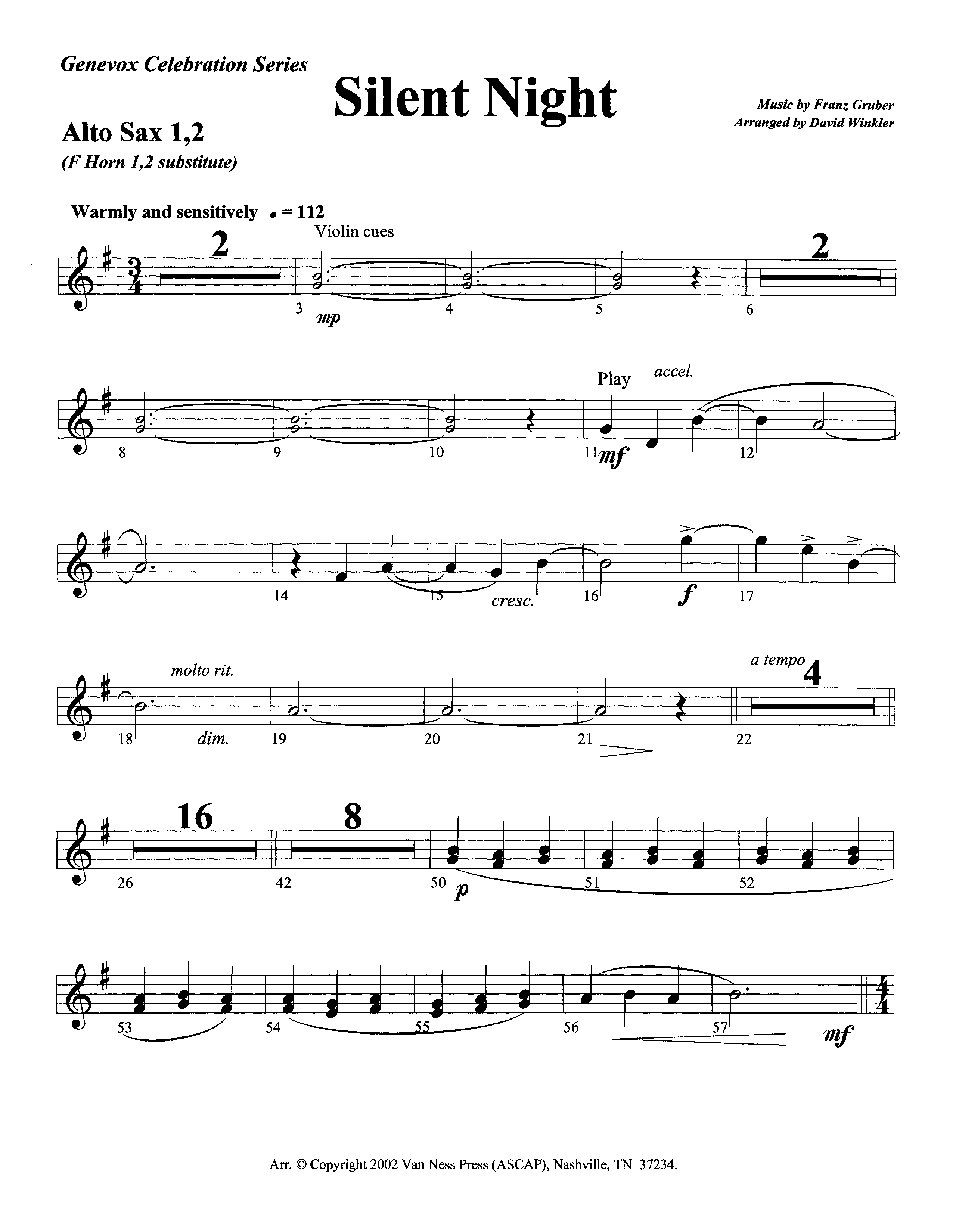 Silent Night (Instrumental) Alto Sax 1/2 (Lifeway Worship / Arr. David Winkler)