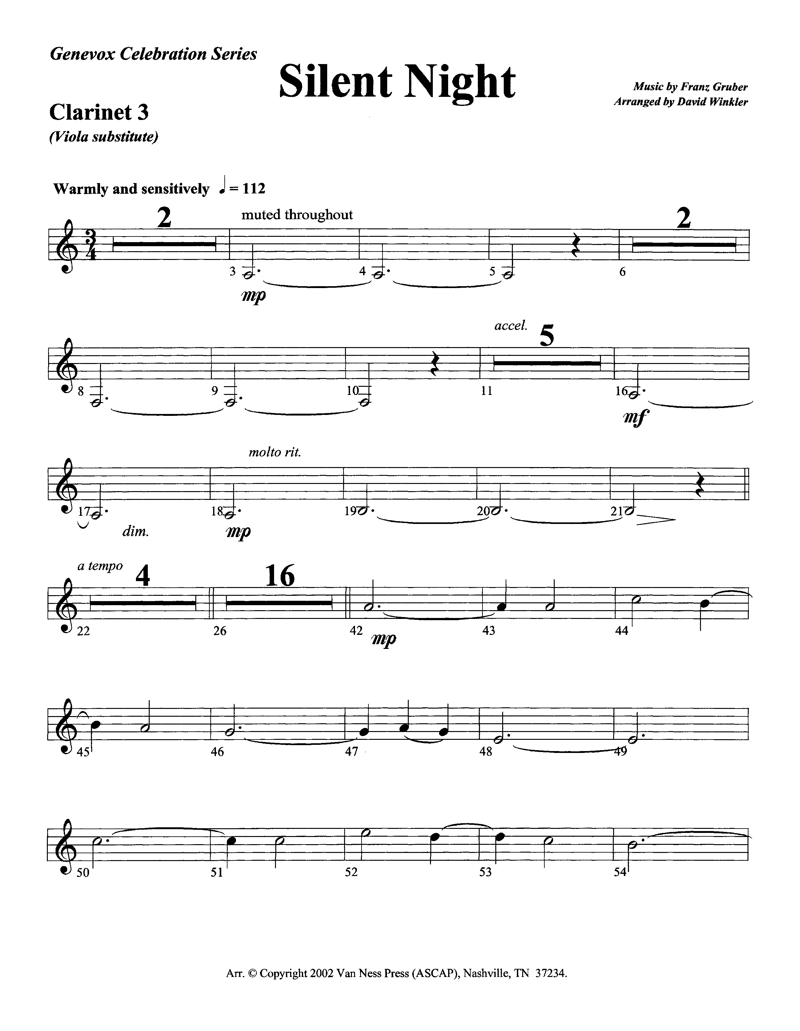 Silent Night (Instrumental) Clarinet 3 (Lifeway Worship / Arr. David Winkler)