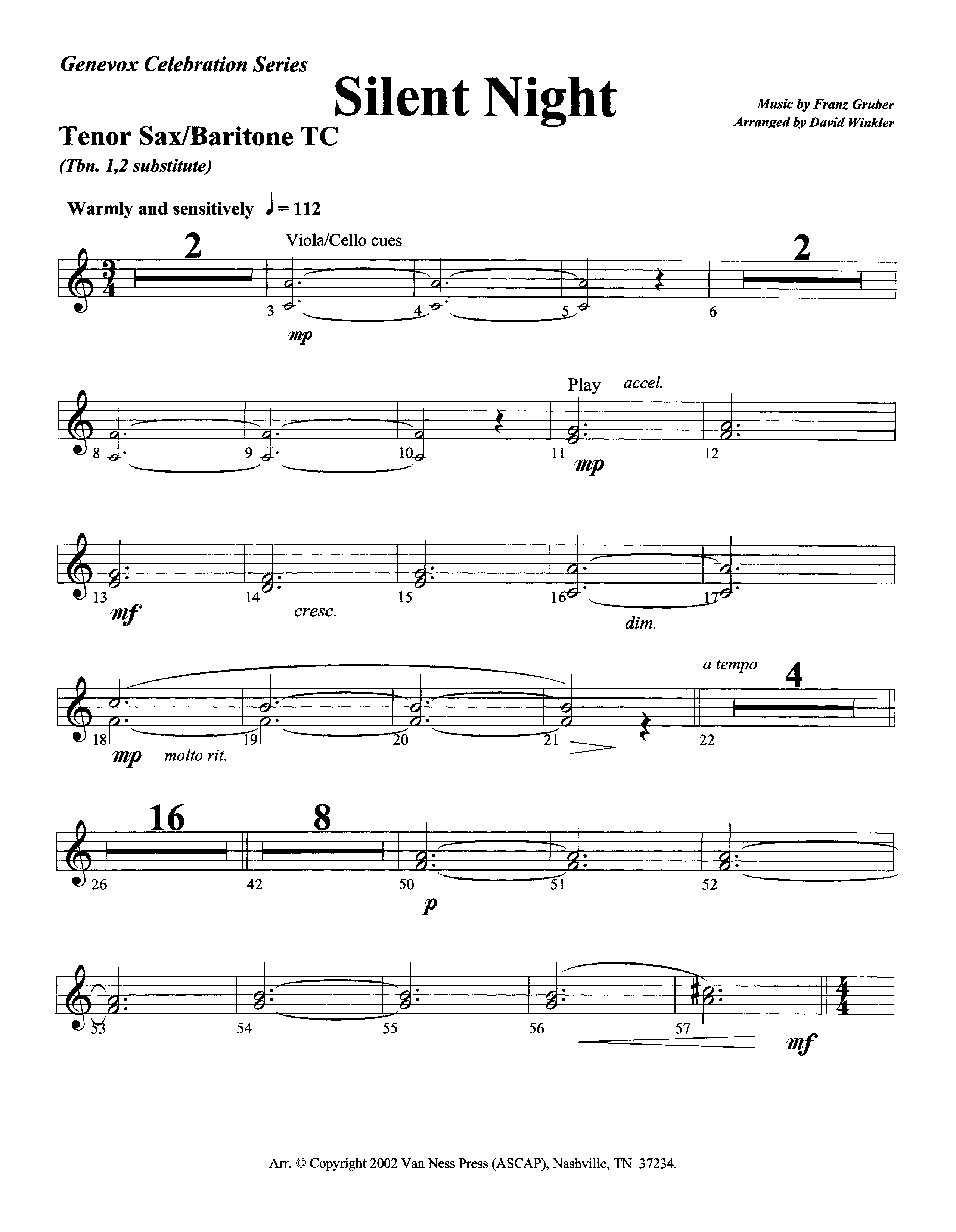 Silent Night (Instrumental) Tenor Sax/Baritone T.C. (Lifeway Worship / Arr. David Winkler)