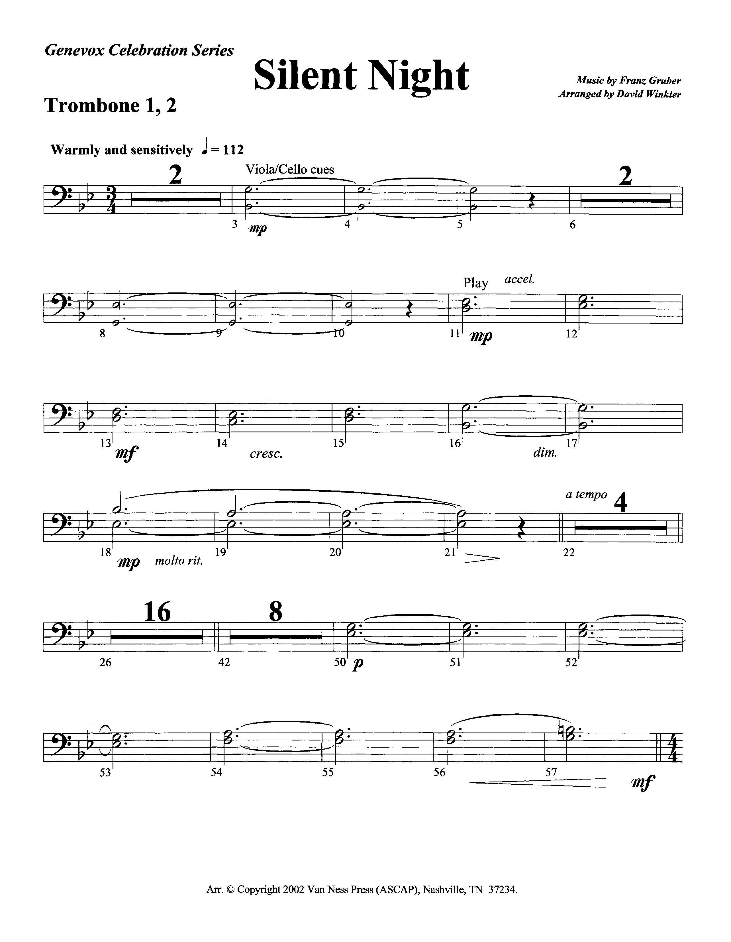 Silent Night (Instrumental) Trombone 1/2 (Lifeway Worship / Arr. David Winkler)