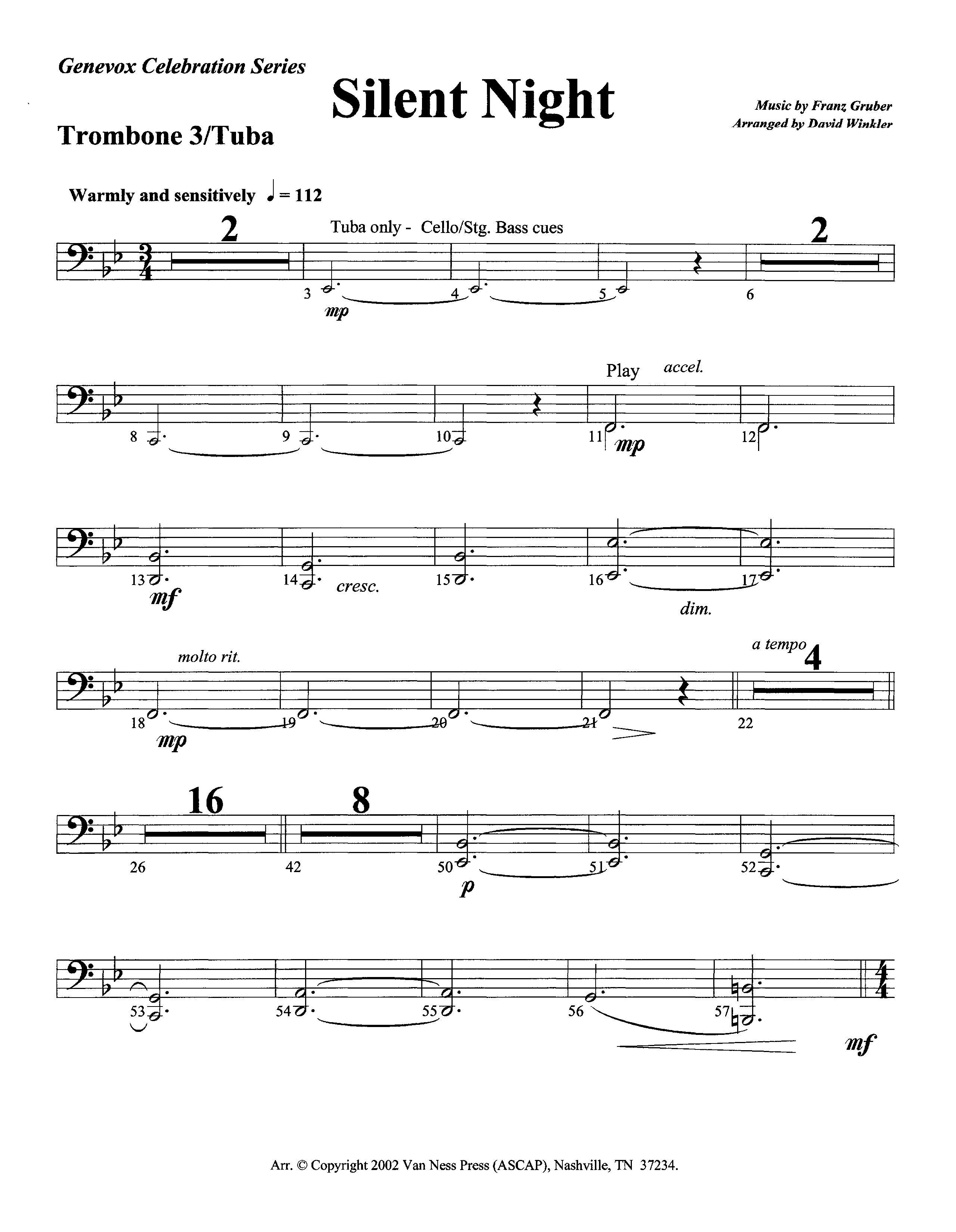 Silent Night (Instrumental) Trombone 3/Tuba (Lifeway Worship / Arr. David Winkler)