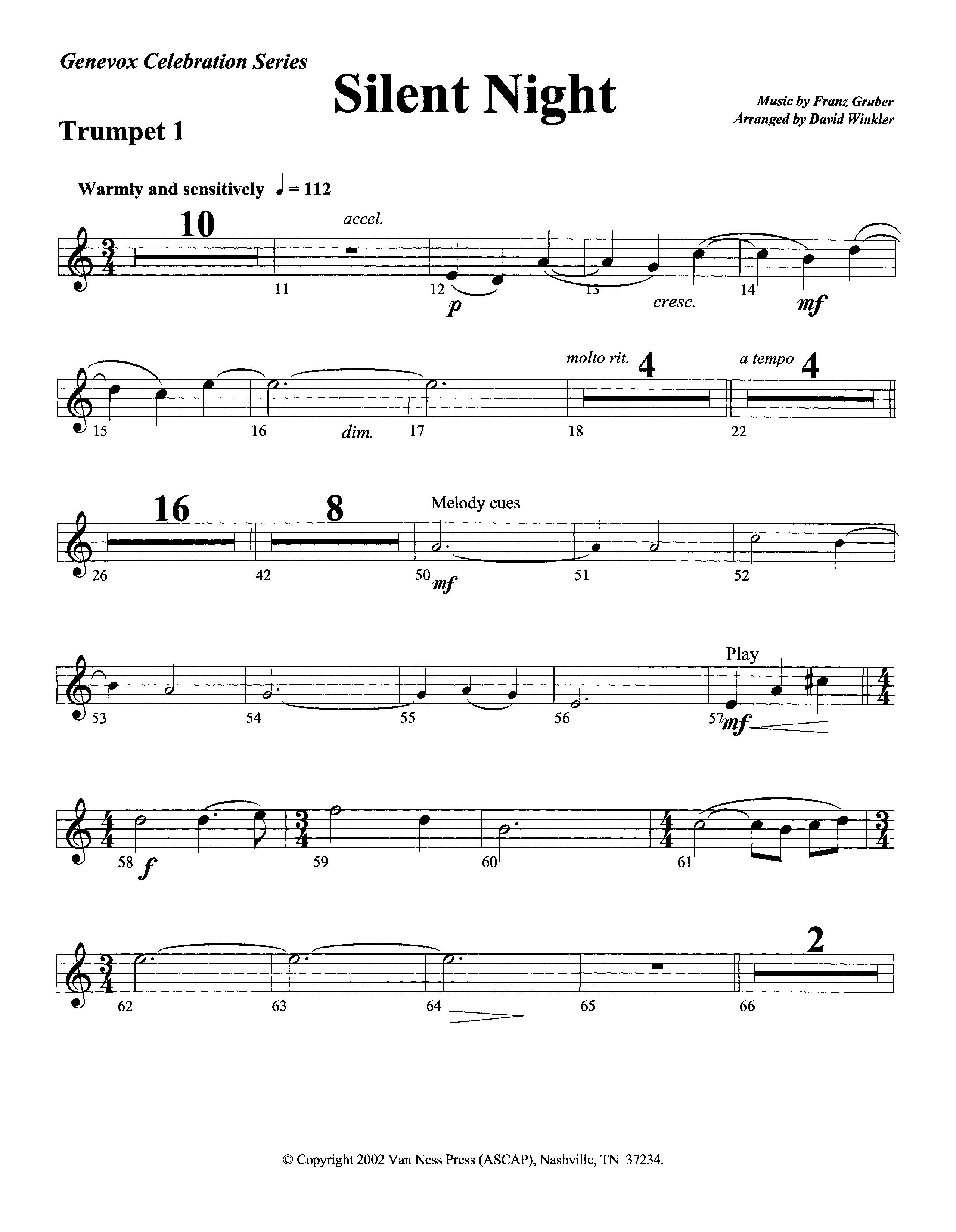 Silent Night (Instrumental) Trumpet 1 (Lifeway Worship / Arr. David Winkler)