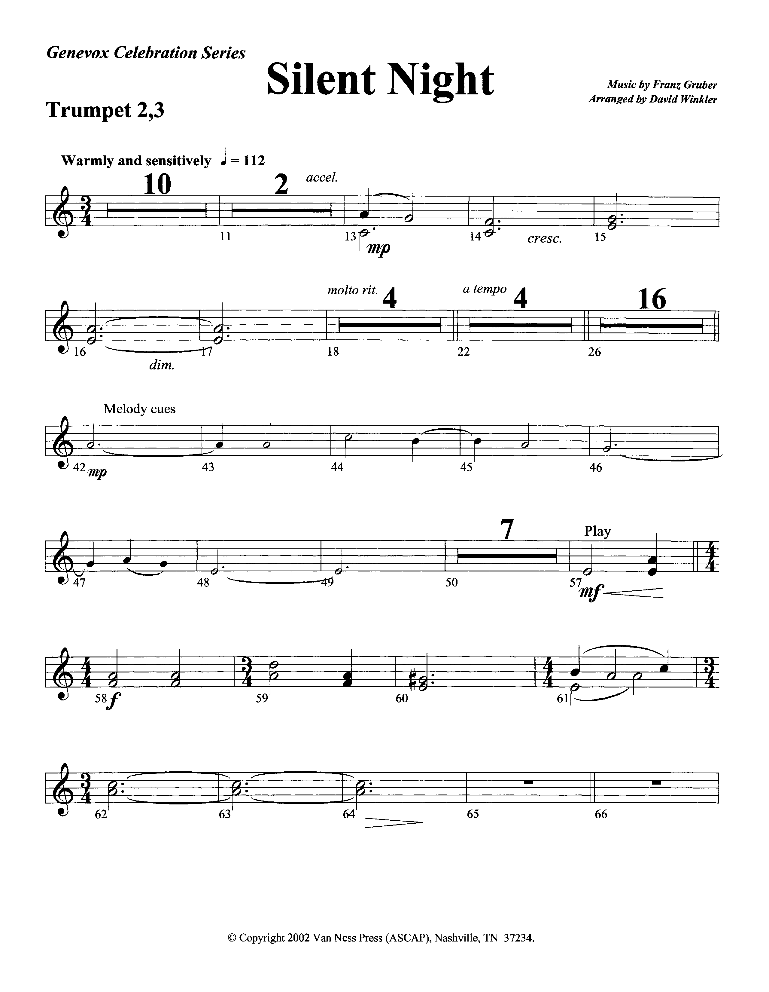 Silent Night (Instrumental) Trumpet 2/3 (Lifeway Worship / Arr. David Winkler)