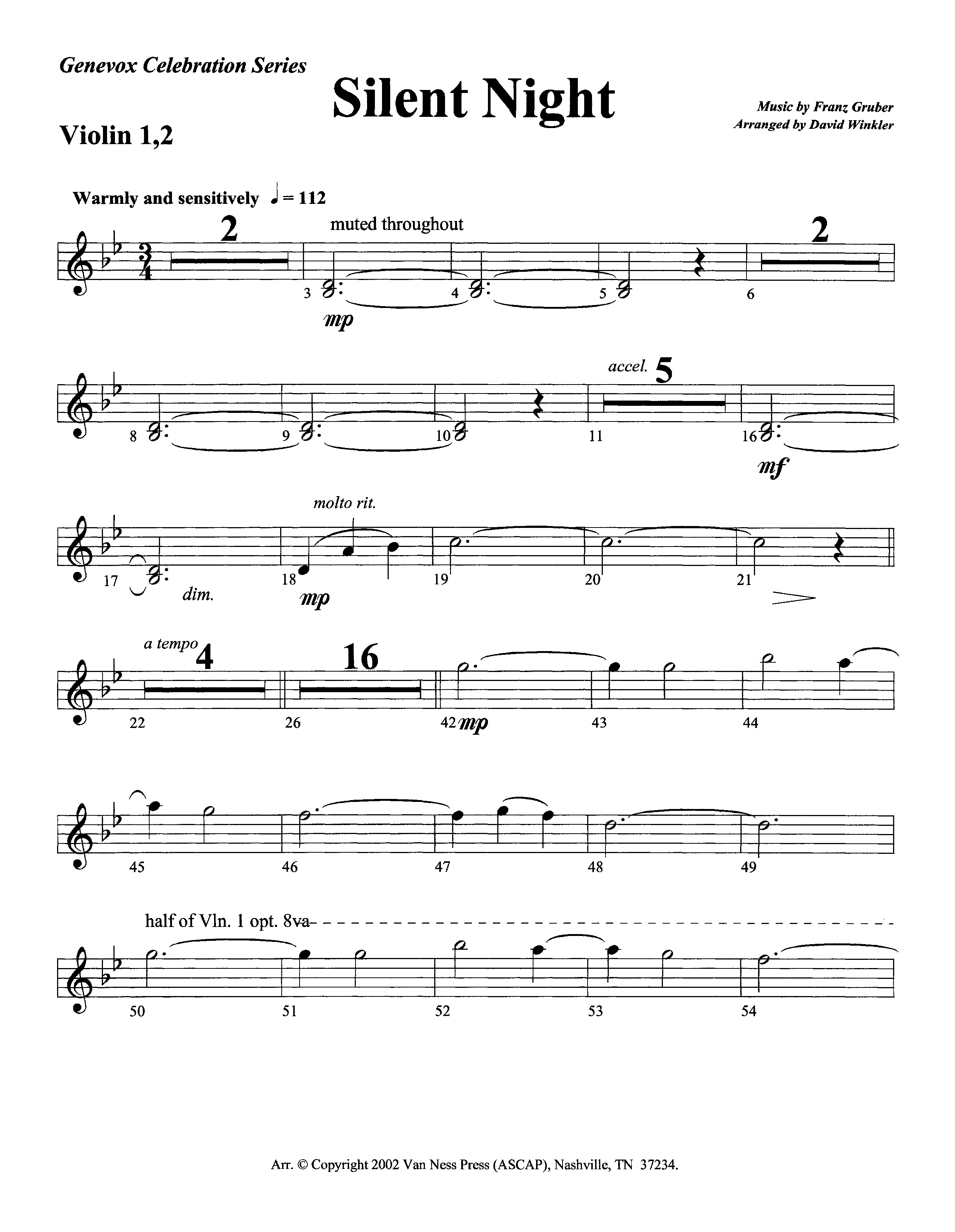 Silent Night (Instrumental) Violin 1/2 (Lifeway Worship / Arr. David Winkler)