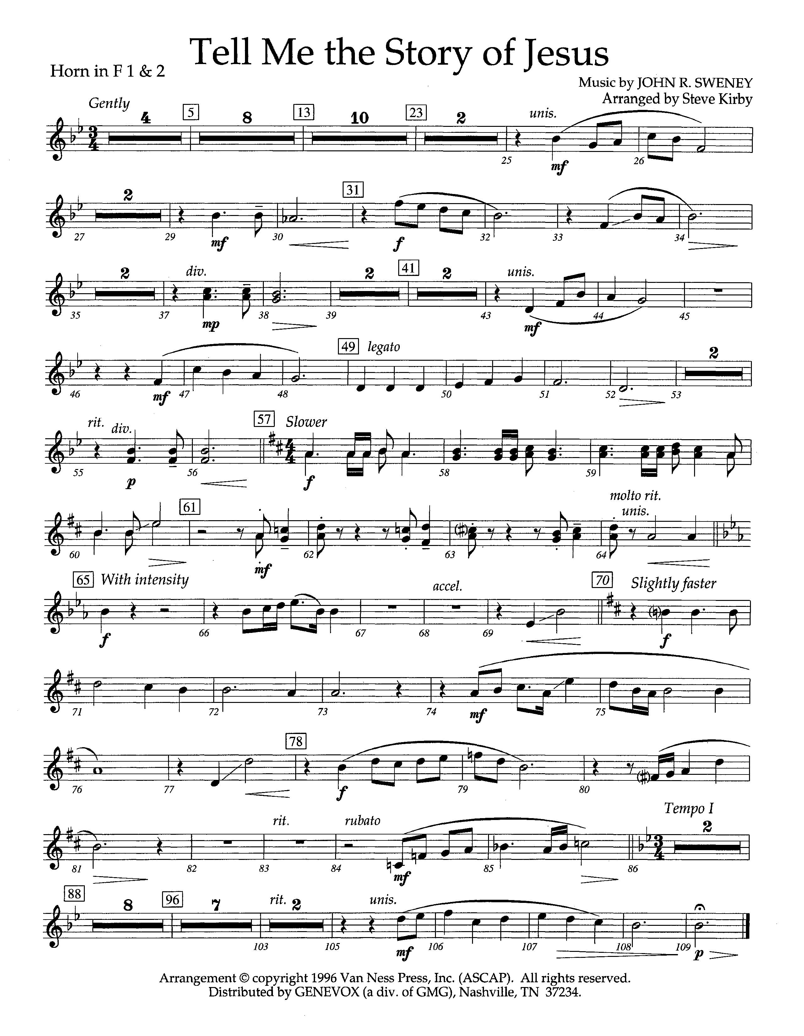 Tell Me The Story Of Jesus (Instrumental) French Horn 1/2 (Lifeway Worship / Arr. Steve Kirby)