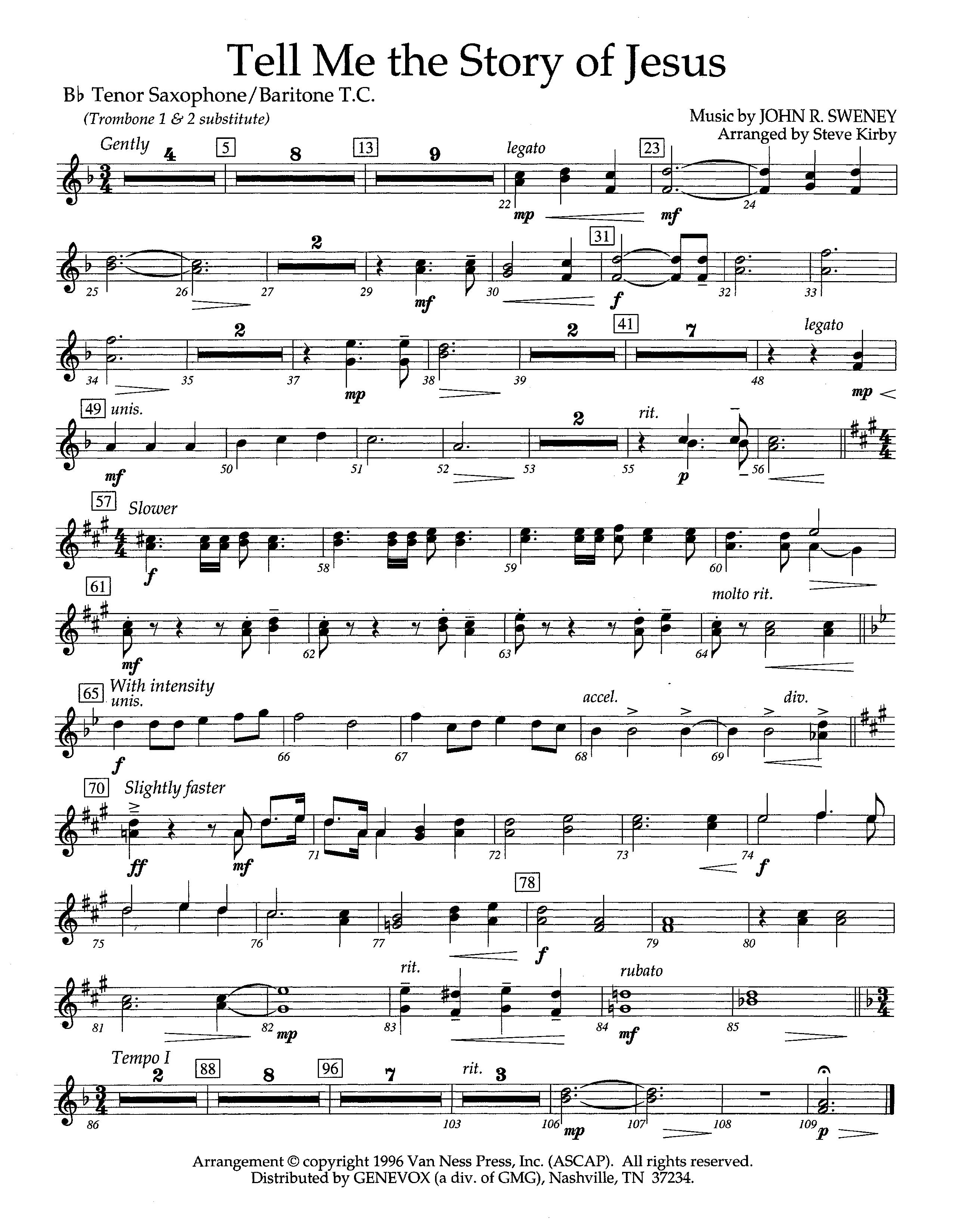 Tell Me The Story Of Jesus (Instrumental) Tenor Sax/Baritone T.C. (Lifeway Worship / Arr. Steve Kirby)