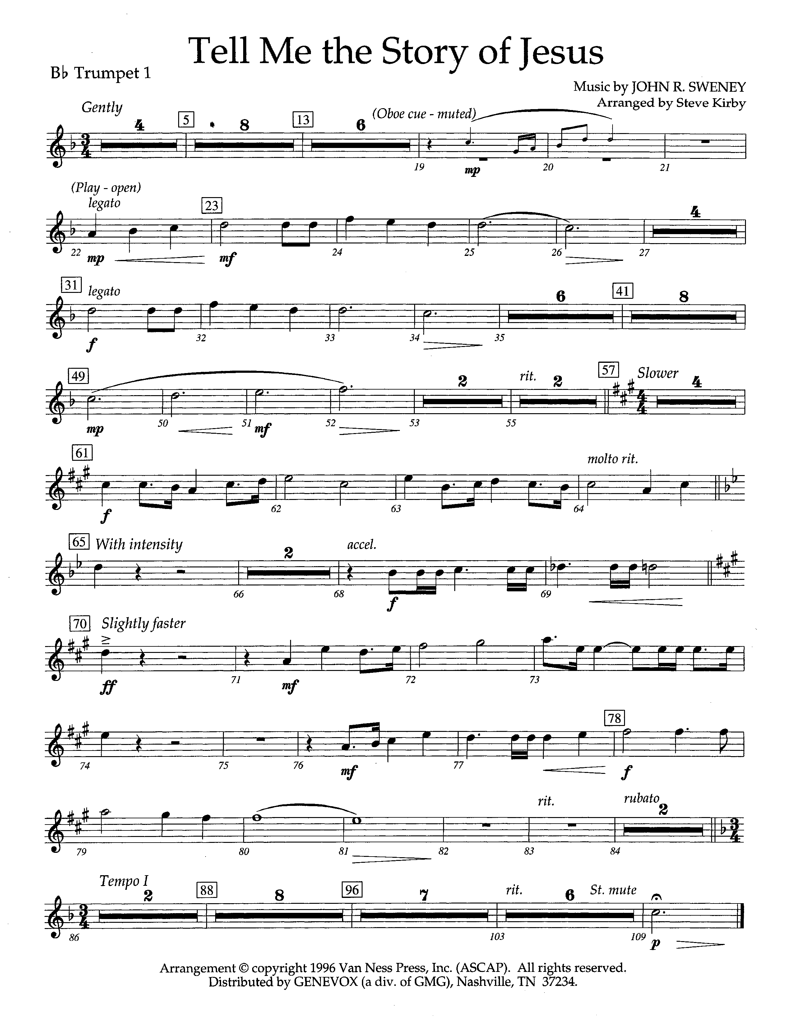 Tell Me The Story Of Jesus (Instrumental) Trumpet 1 (Lifeway Worship / Arr. Steve Kirby)