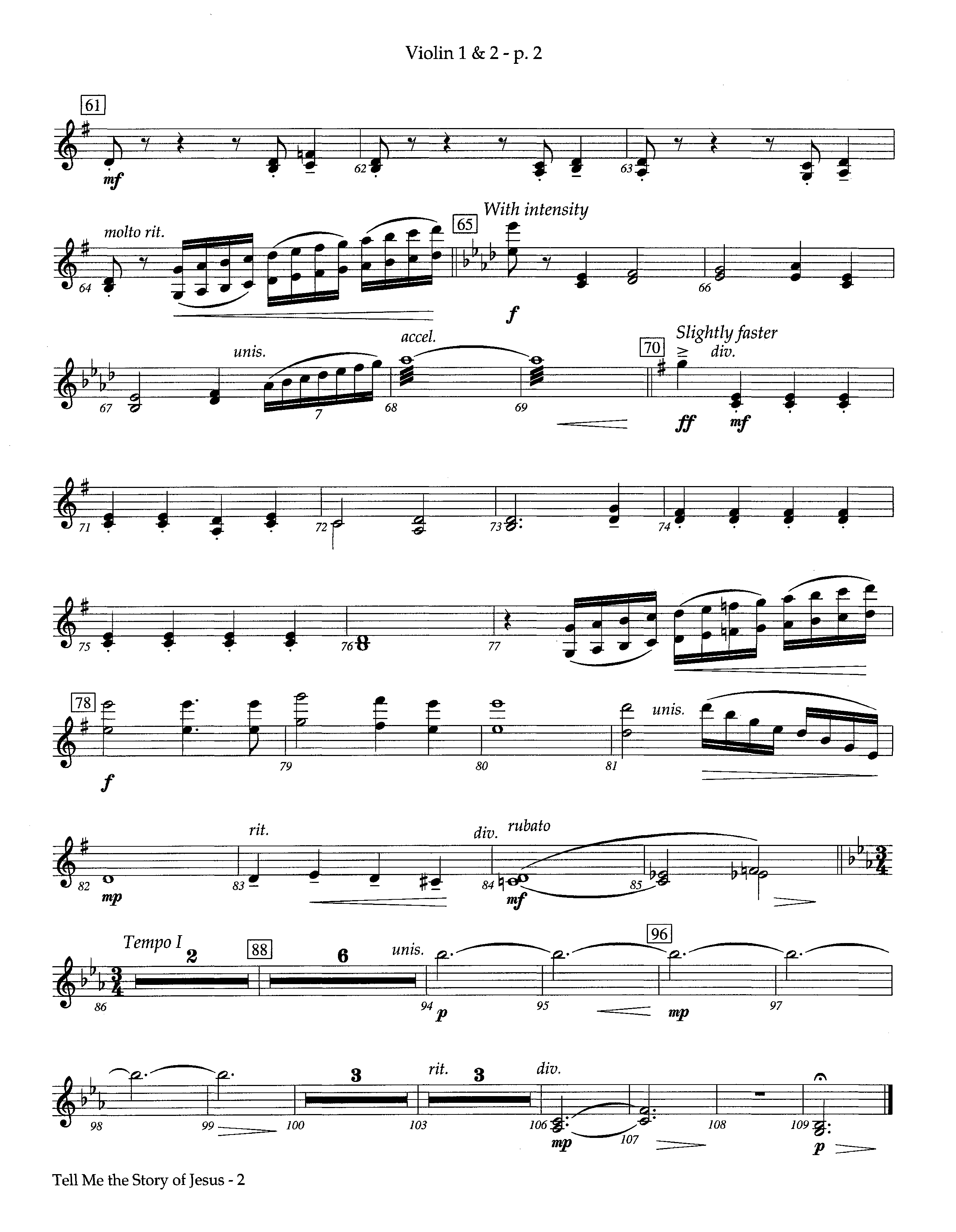 Tell Me The Story Of Jesus (Instrumental) Violin 1/2 (Lifeway Worship / Arr. Steve Kirby)