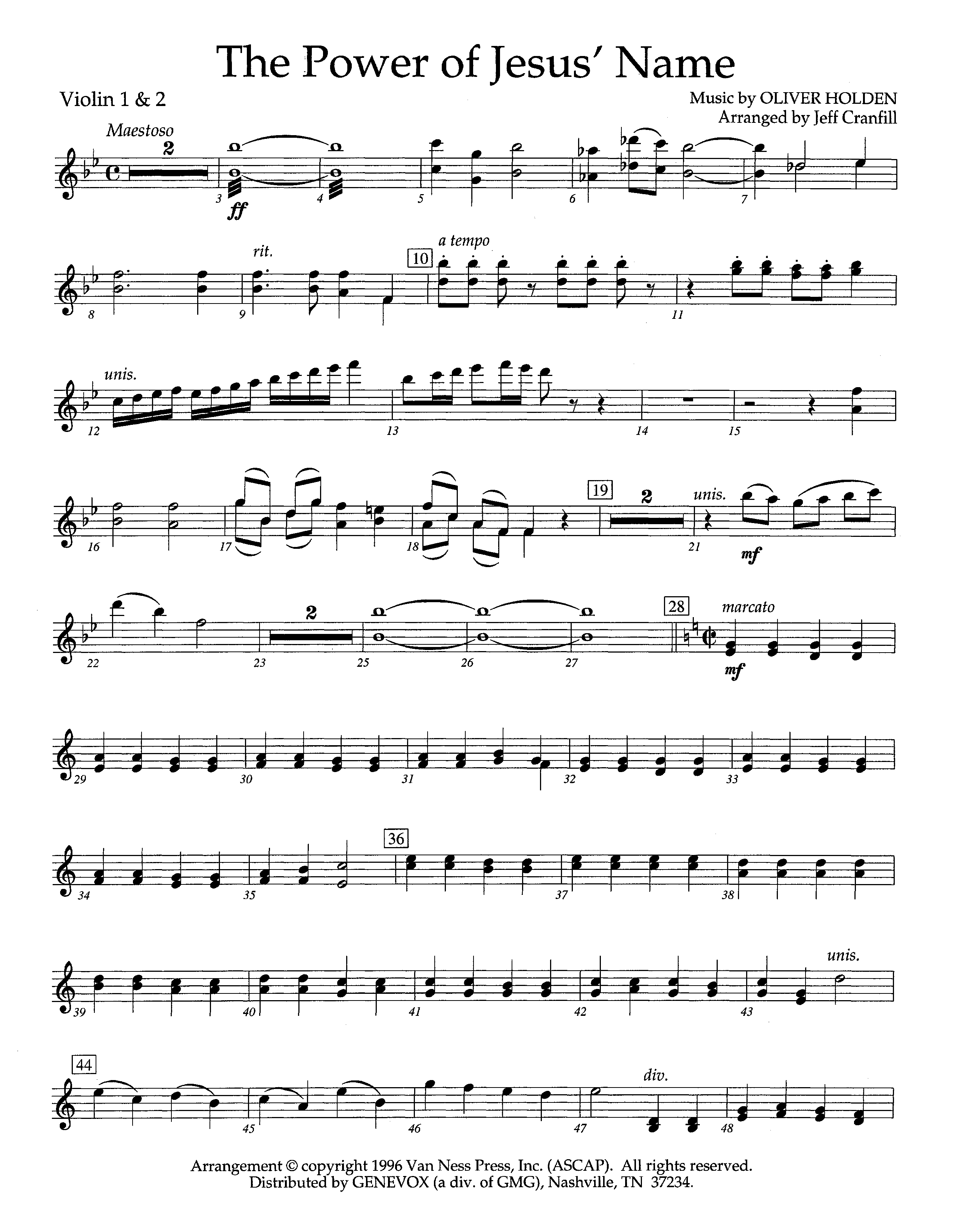 The Power Of Jesus' Name (Instrumental) Violin 1/2 (Lifeway Worship / Arr. Jeff Cranfill)