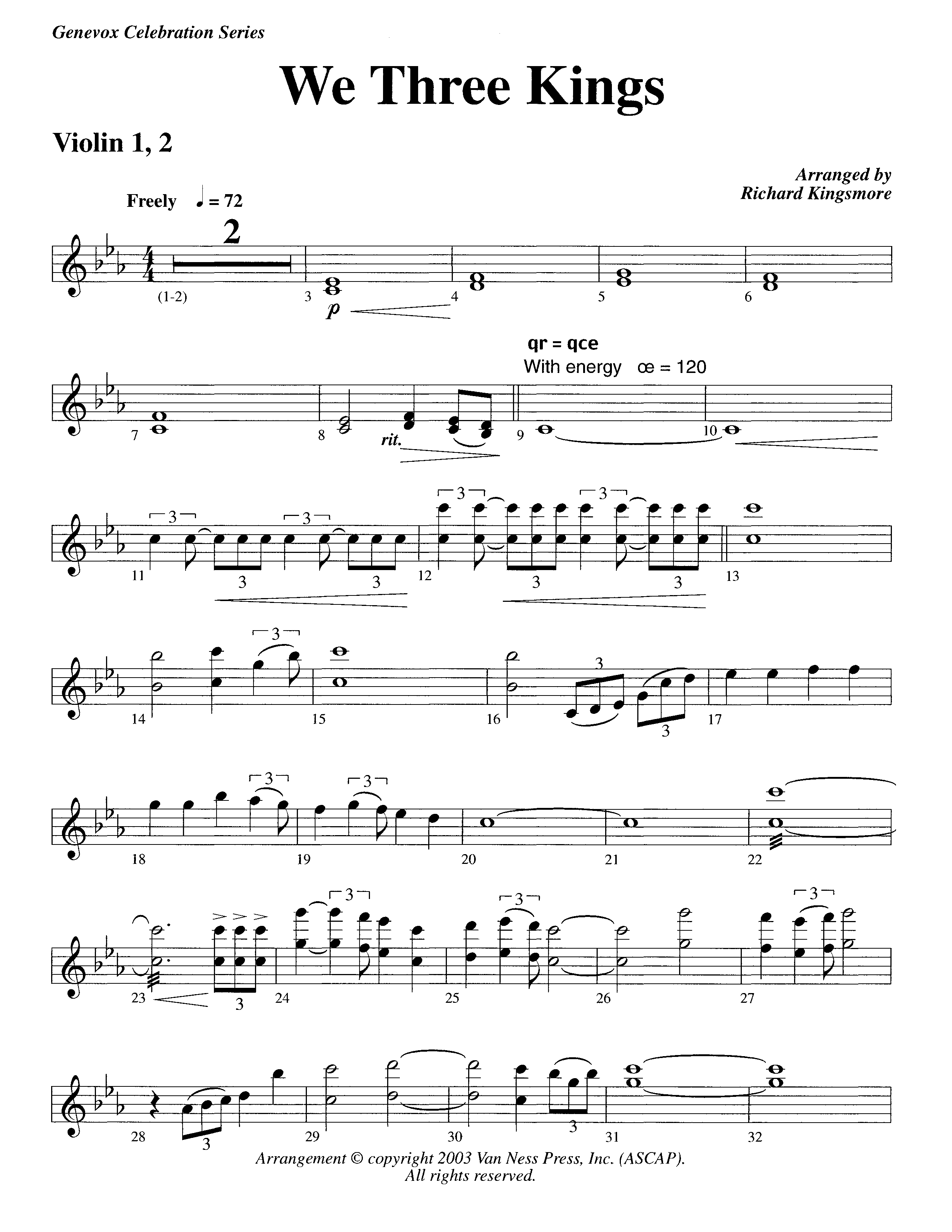 We Three Kings (Instrumental) Violin 1/2 (Lifeway Worship / Arr. Richard Kingsmore)