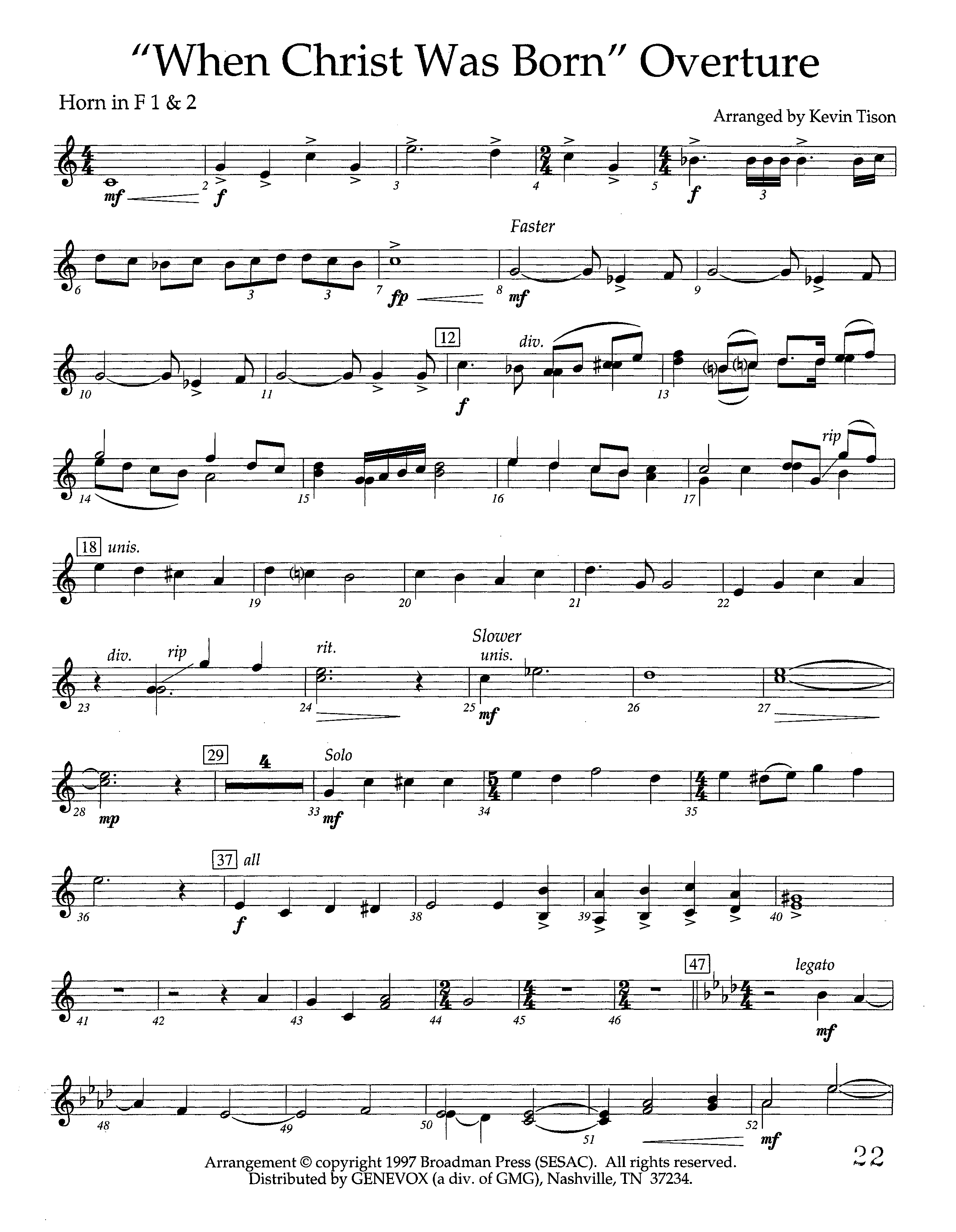 When Christ Was Born Overture (Instrumental) French Horn 1/2 (Lifeway Worship / Arr. Kevin Tison)