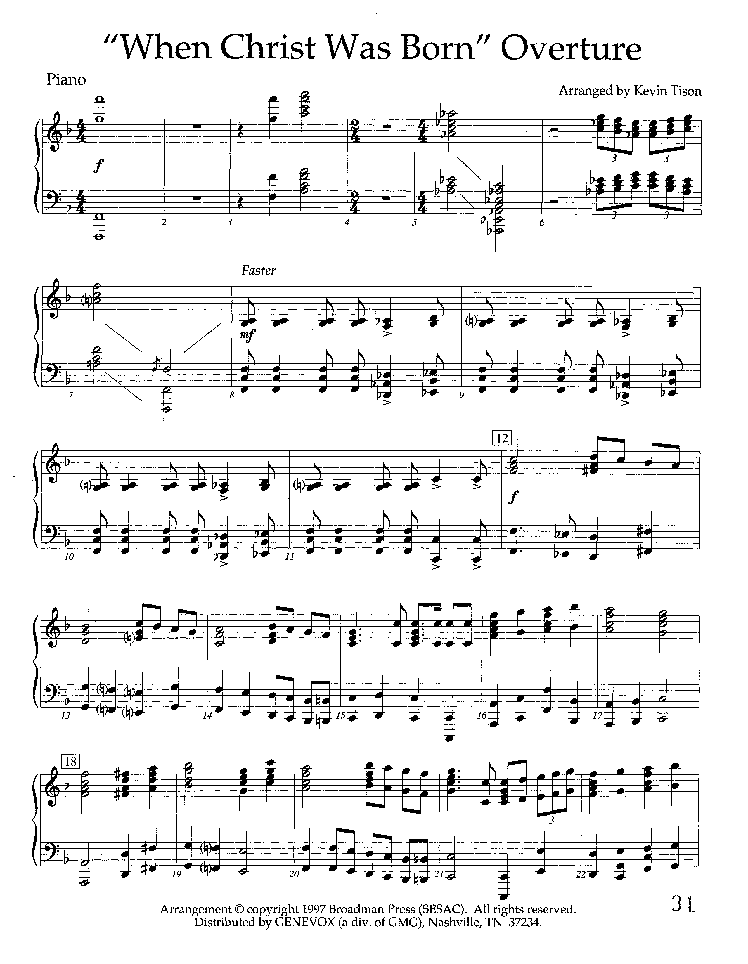 When Christ Was Born Overture (Instrumental) Piano Sheet (Lifeway Worship / Arr. Kevin Tison)