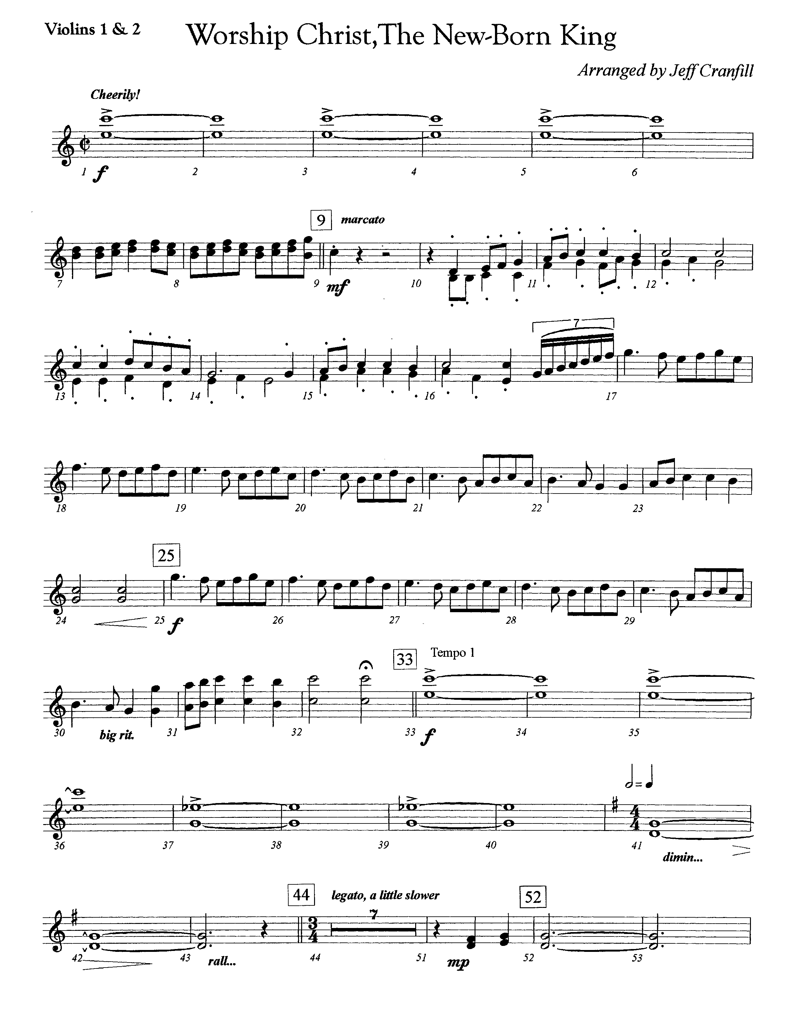 Worship Christ The Newborn King (Instrumental) Violin 1/2 (Lifeway Worship / Arr. Jeff Cranfill)