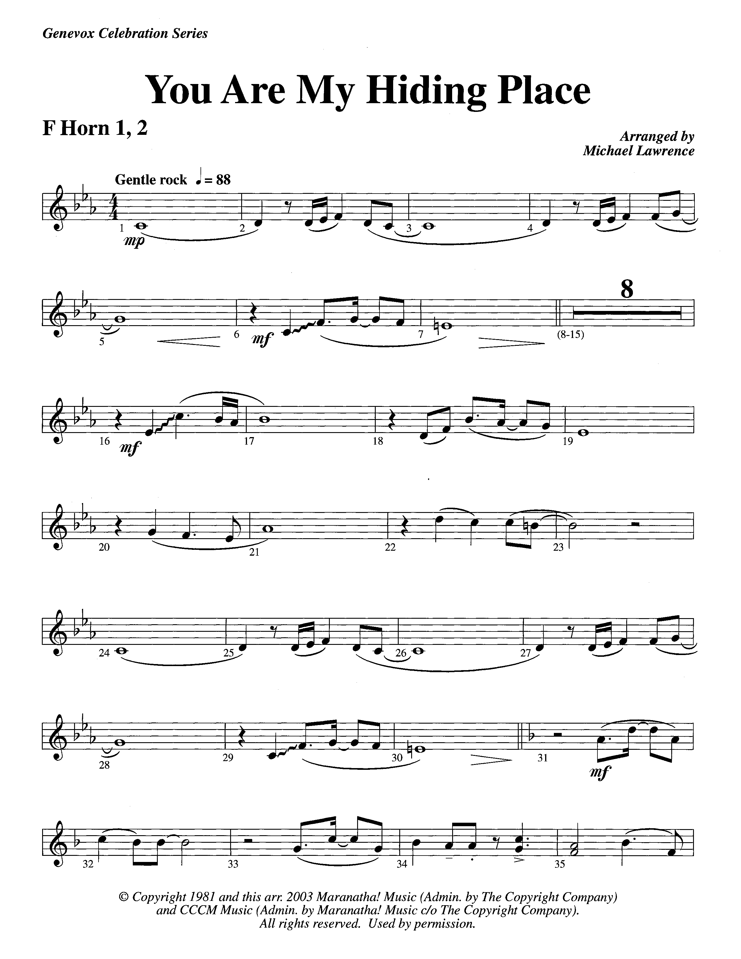 You Are My Hiding Place (Instrumental) French Horn 1/2 (Lifeway Worship / Arr. Michael Lawrence)