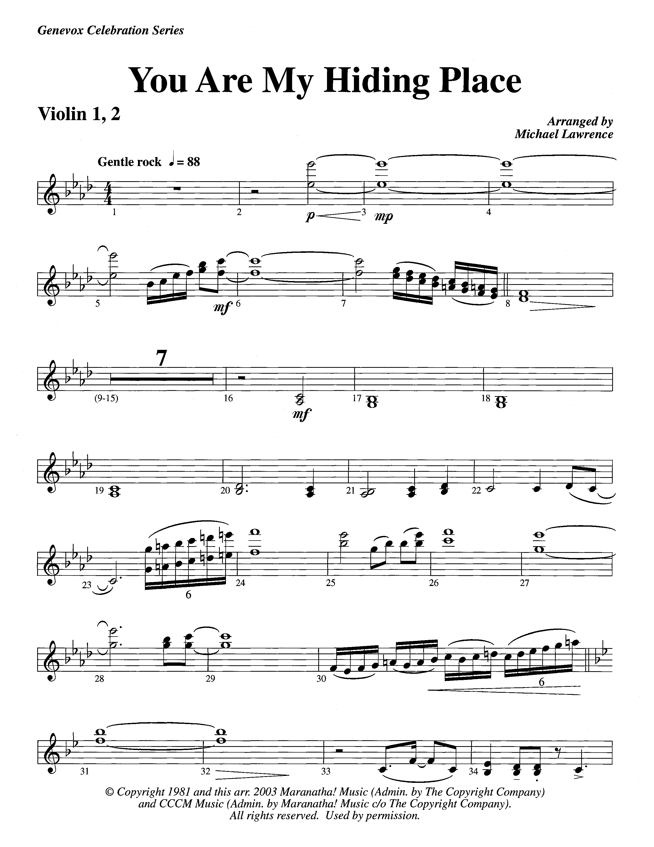You Are My Hiding Place (Instrumental) Violin 1/2 (Lifeway Worship / Arr. Michael Lawrence)