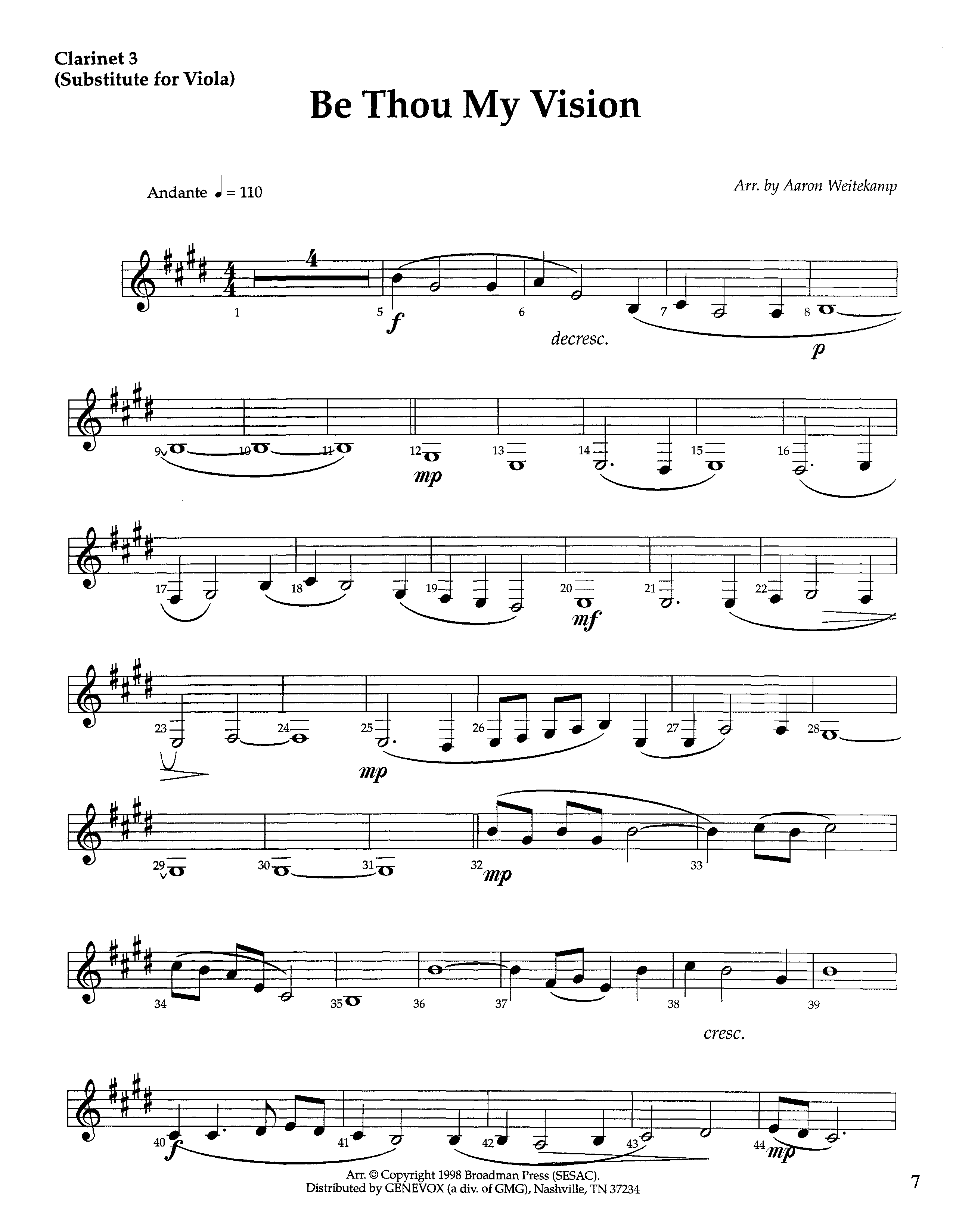 Be Thou My Vision (Instrumental) Clarinet 3 (Lifeway Worship / Arr. Aaron Weitekamp)