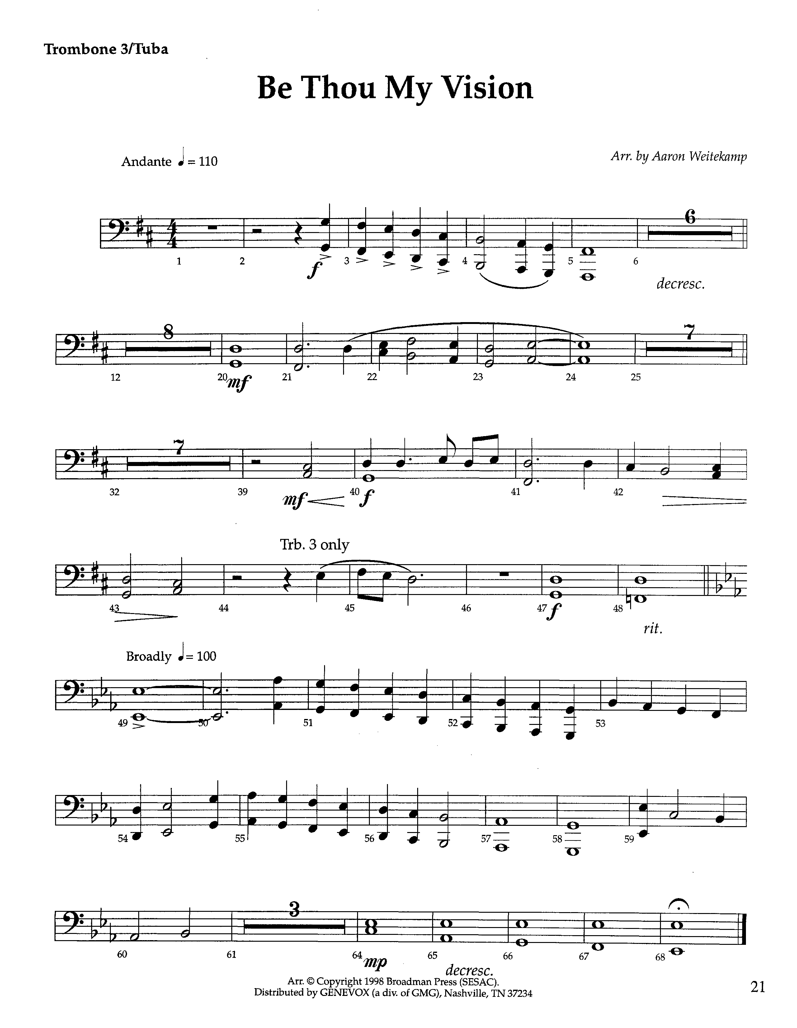 Be Thou My Vision (Instrumental) Trombone 3/Tuba (Lifeway Worship / Arr. Aaron Weitekamp)