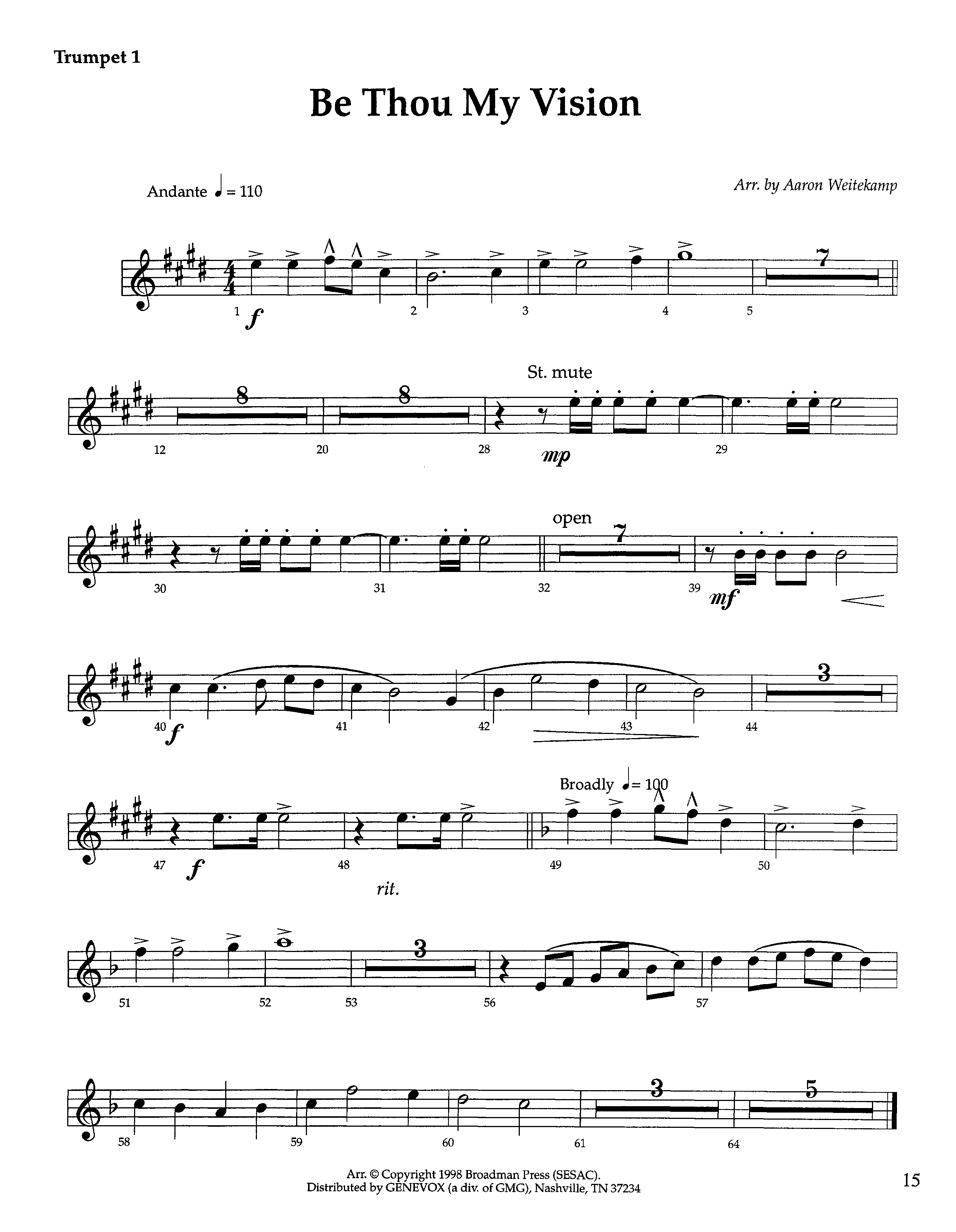 Be Thou My Vision (Instrumental) Trumpet 1 (Lifeway Worship / Arr. Aaron Weitekamp)