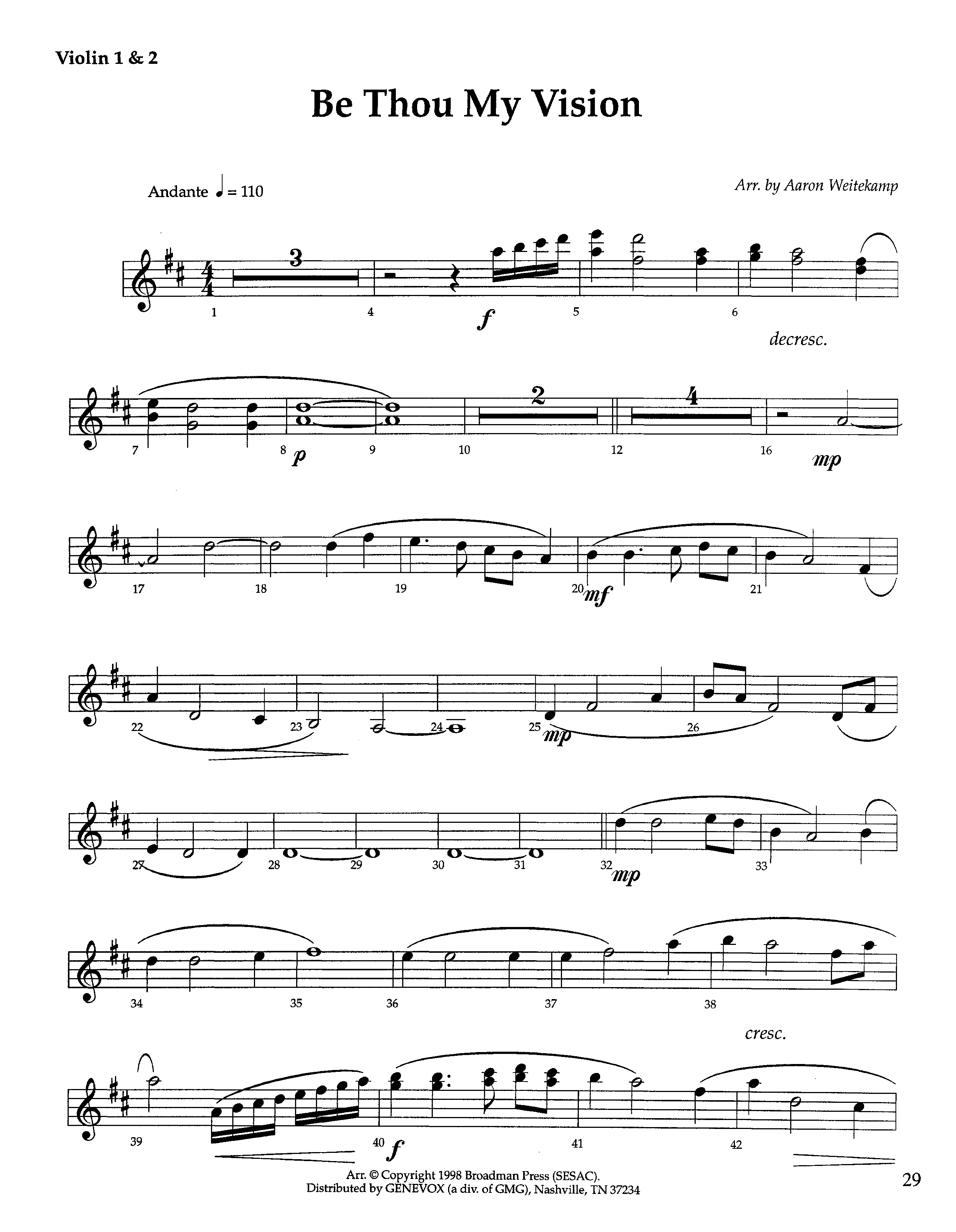 Be Thou My Vision (Instrumental) Violin 1/2 (Lifeway Worship / Arr. Aaron Weitekamp)