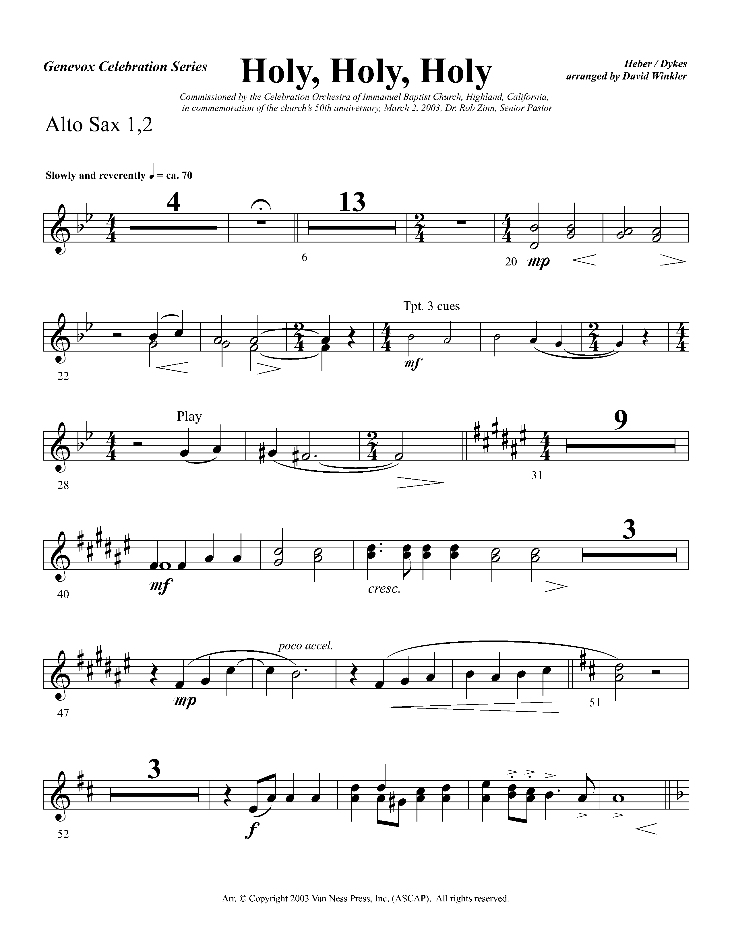Holy Holy Holy (Instrumental) Alto Sax 1/2 (Lifeway Worship / Arr. David Winkler)