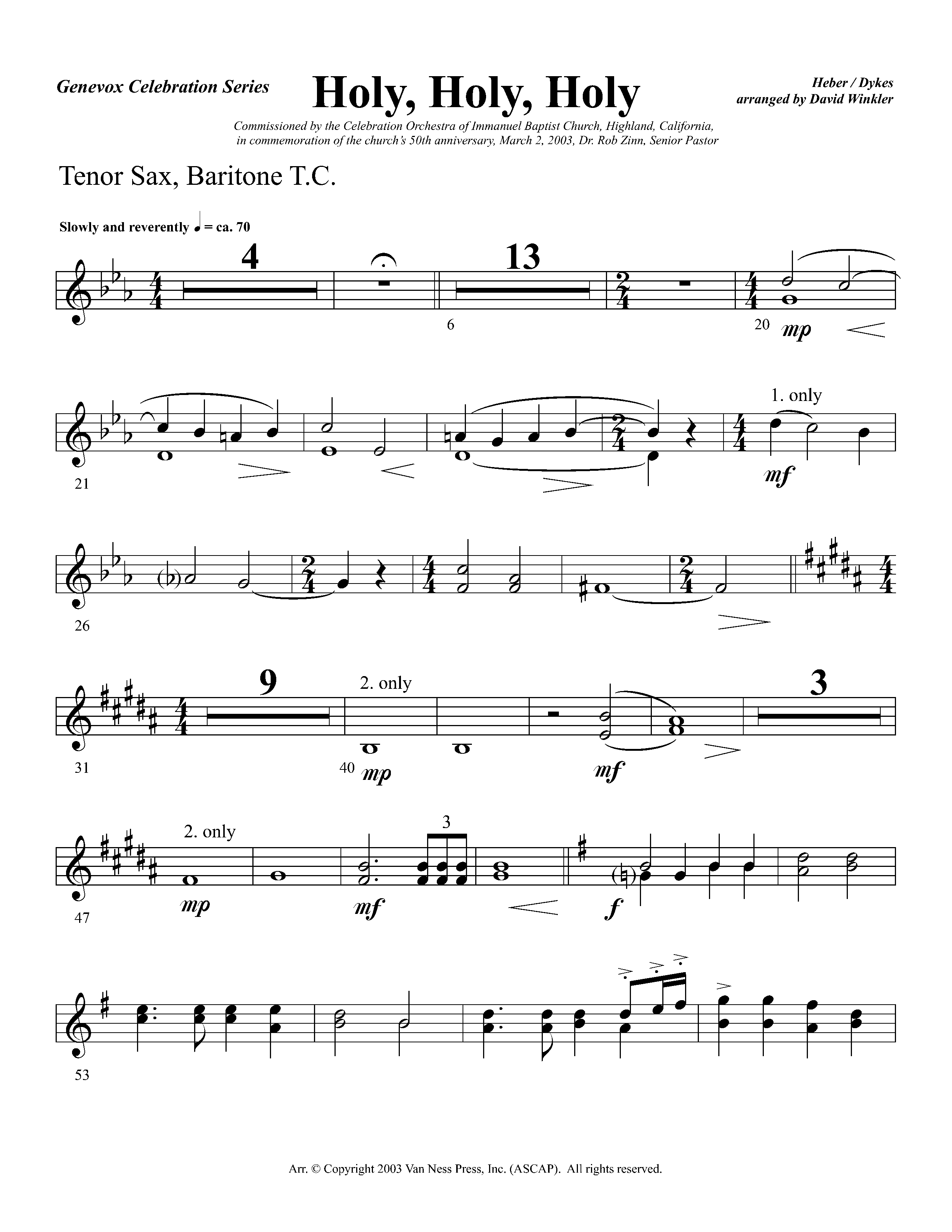 Holy Holy Holy (Instrumental) Tenor Sax/Baritone T.C. (Lifeway Worship / Arr. David Winkler)