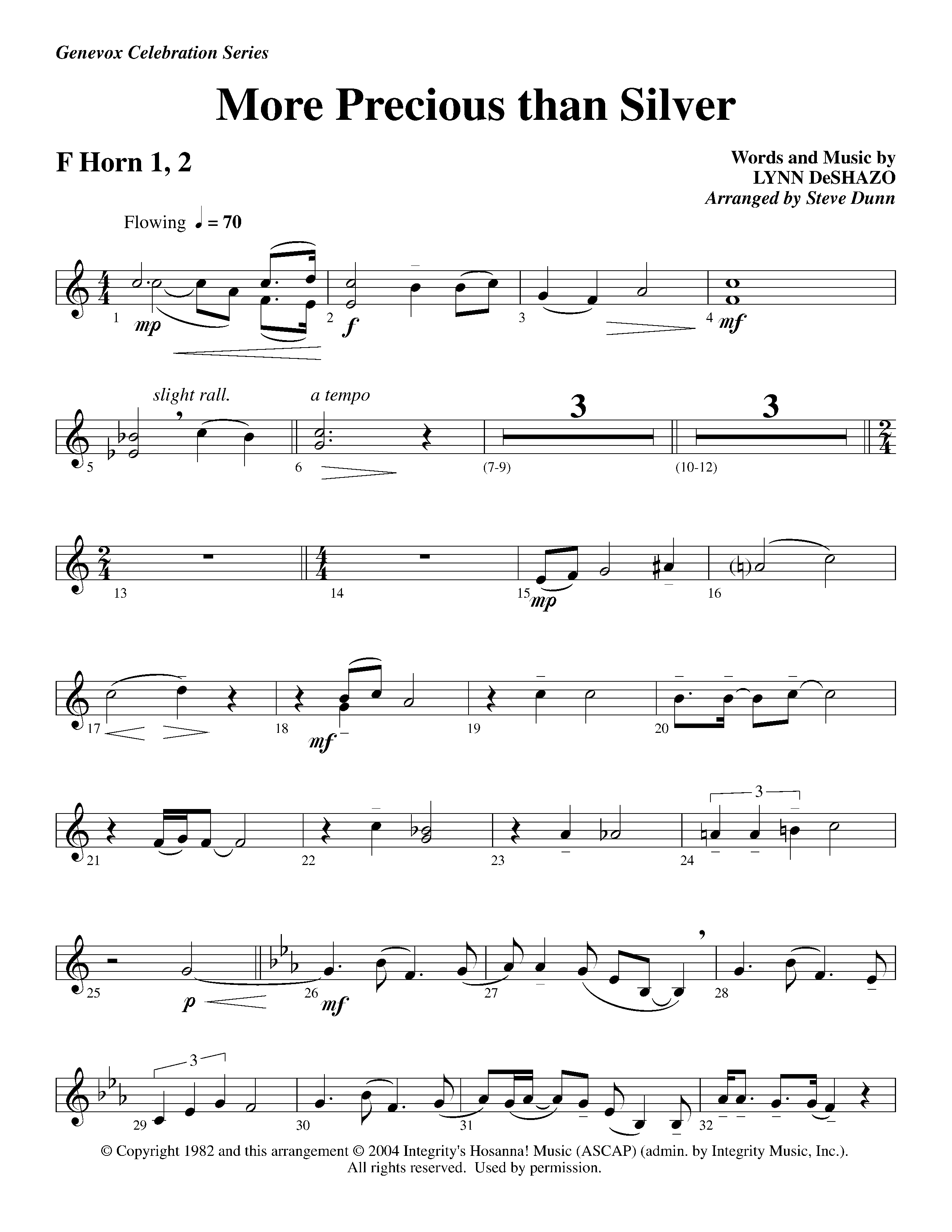 More Precious Than Silver (Instrumental) French Horn 1/2 (Lifeway Worship / Arr. Steve Dunn)
