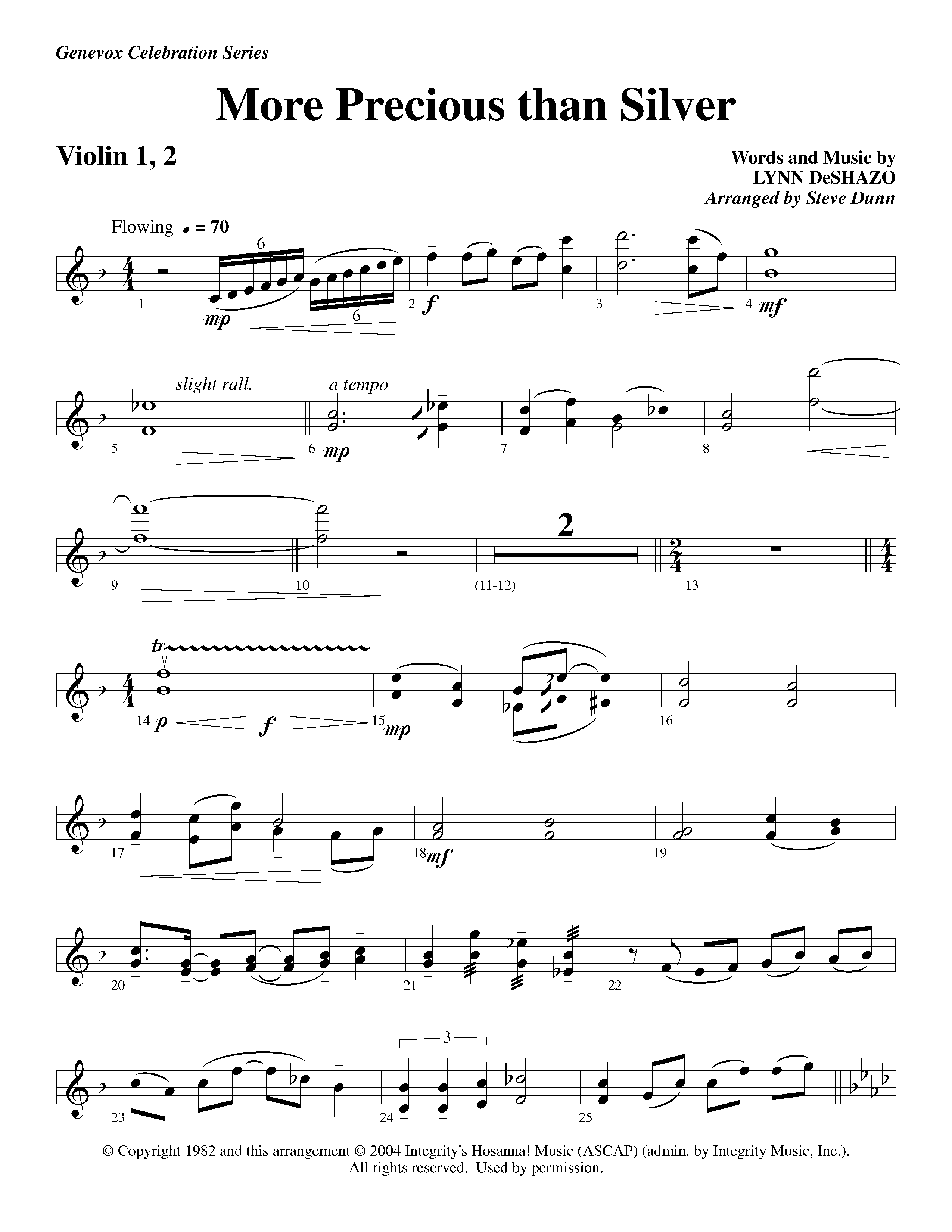 More Precious Than Silver (Instrumental) Violin 1/2 (Lifeway Worship / Arr. Steve Dunn)