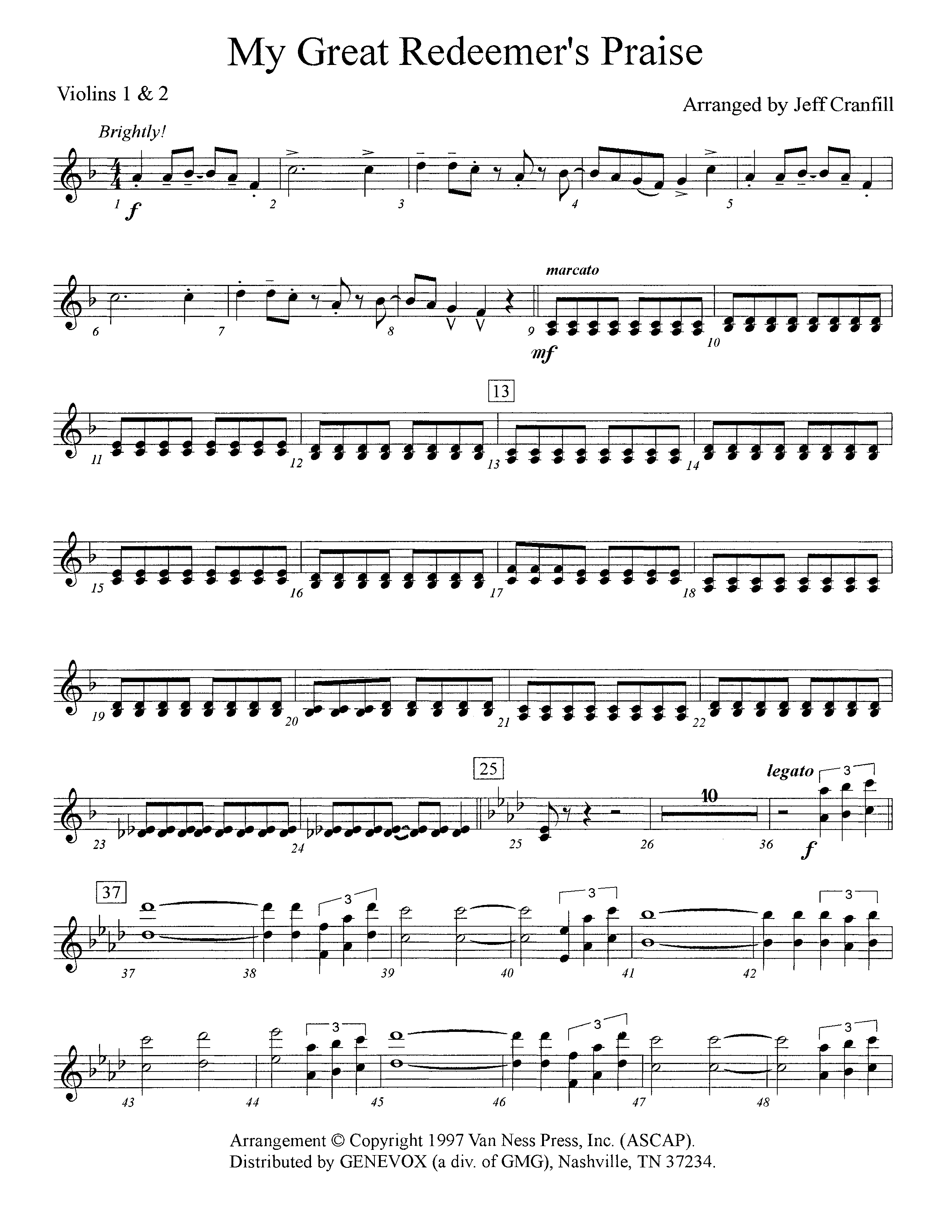 My Great Redeemer's Praise (Instrumental) Violin 1/2 (Lifeway Worship / Arr. Jeff Cranfill)