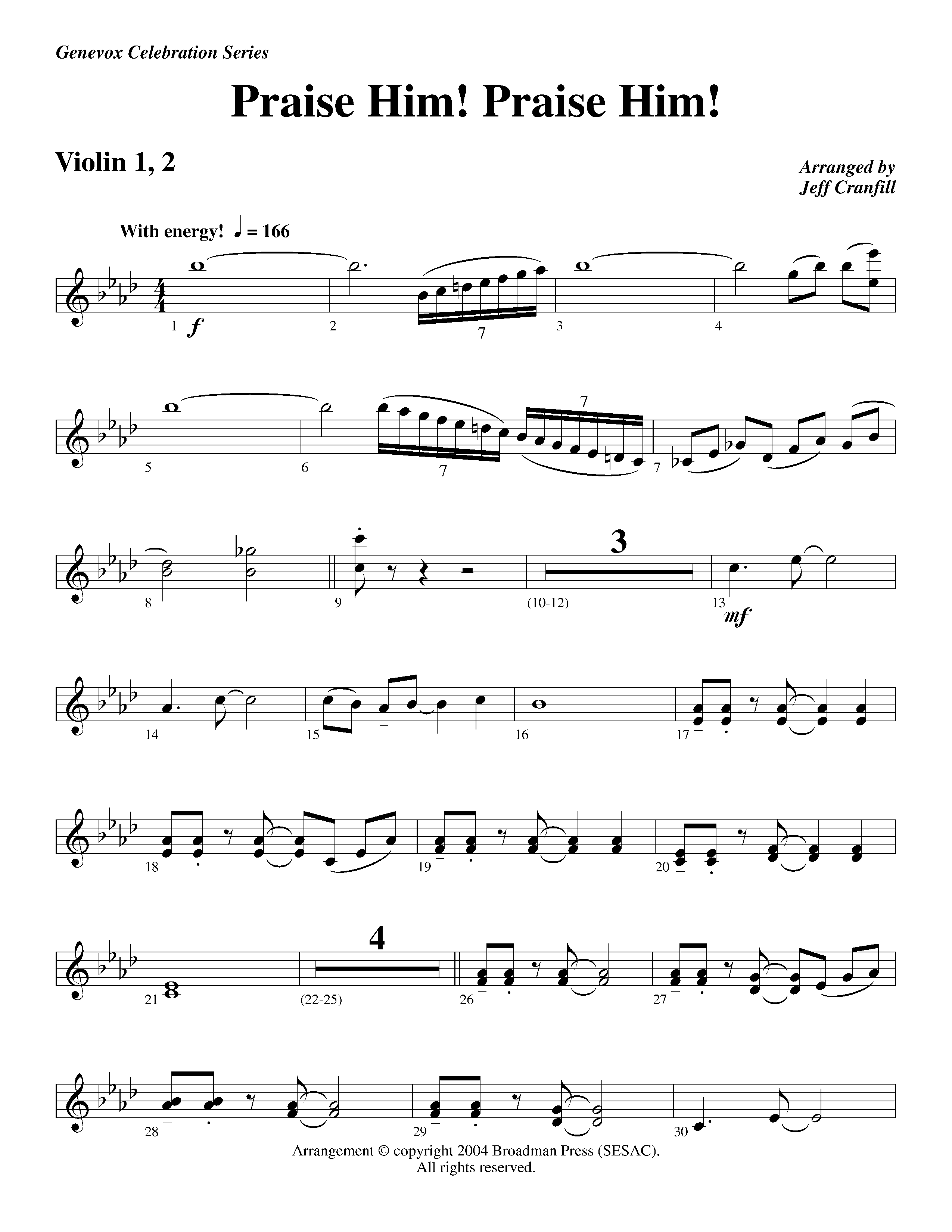 Praise Him Praise Him (Instrumental) Violin 1/2 (Lifeway Worship / Arr. Jeff Cranfill)