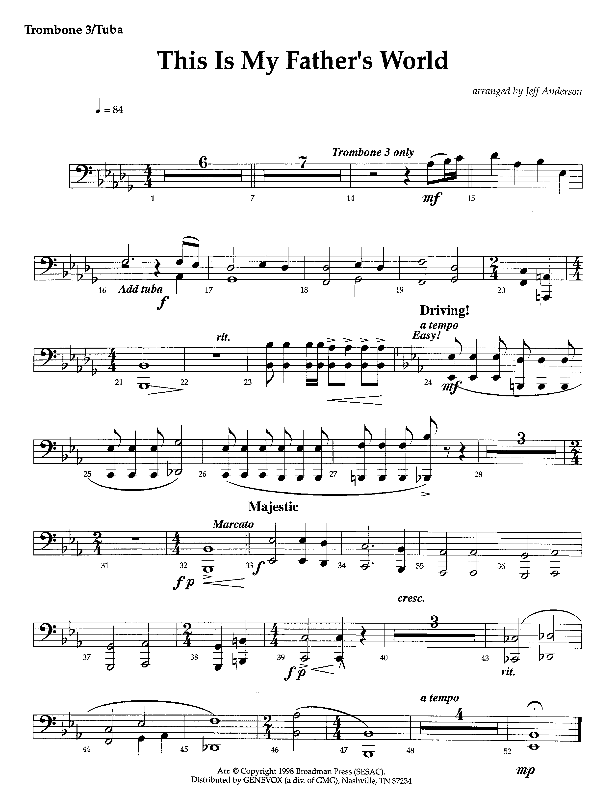 This Is My Father's World (Instrumental) Trombone 3/Tuba (Lifeway Worship / Arr. Jeff Anderson)