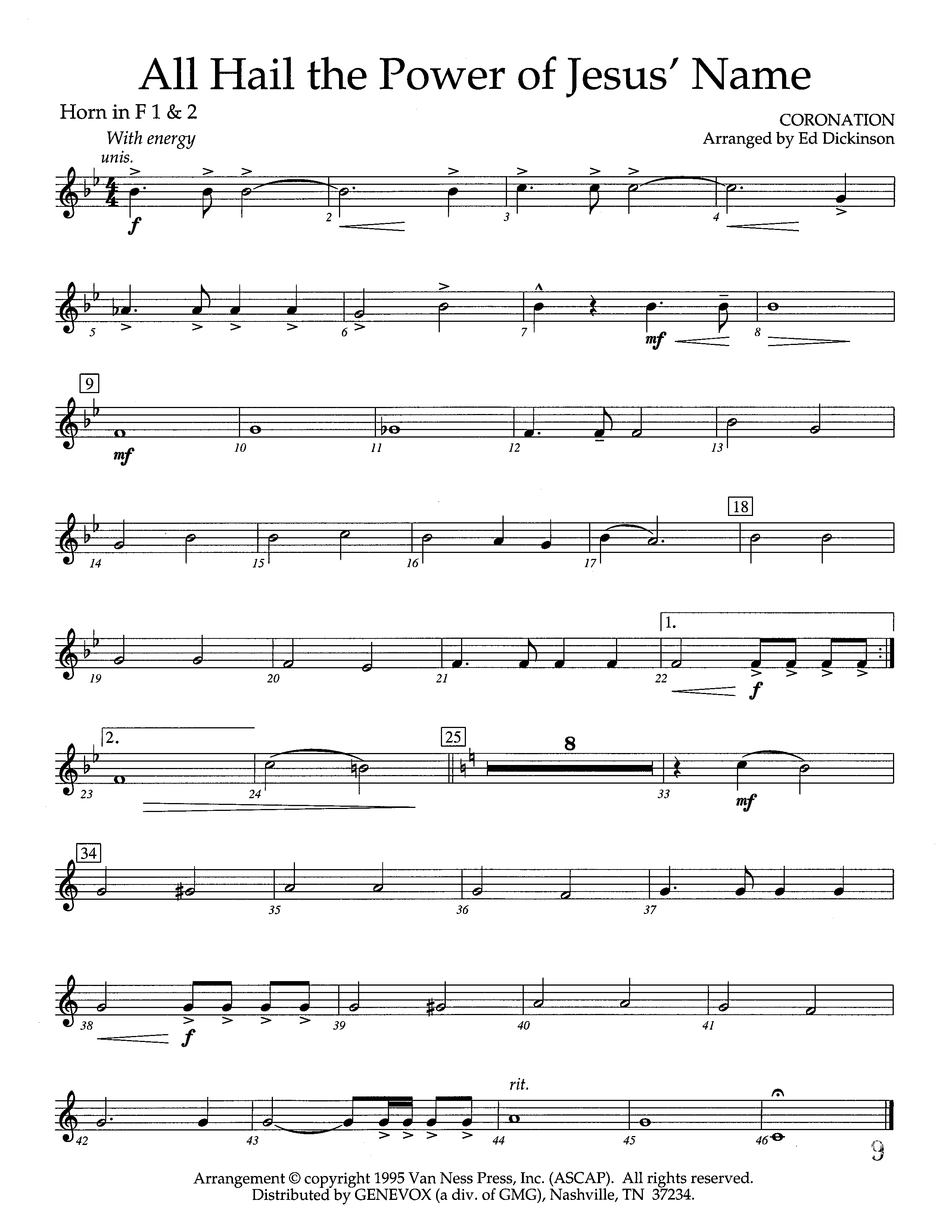 All Hail The Power Of Jesus Name (Coronation) (Instrumental) French Horn 1/2 (Lifeway Worship / Arr. Ed Dickinson)