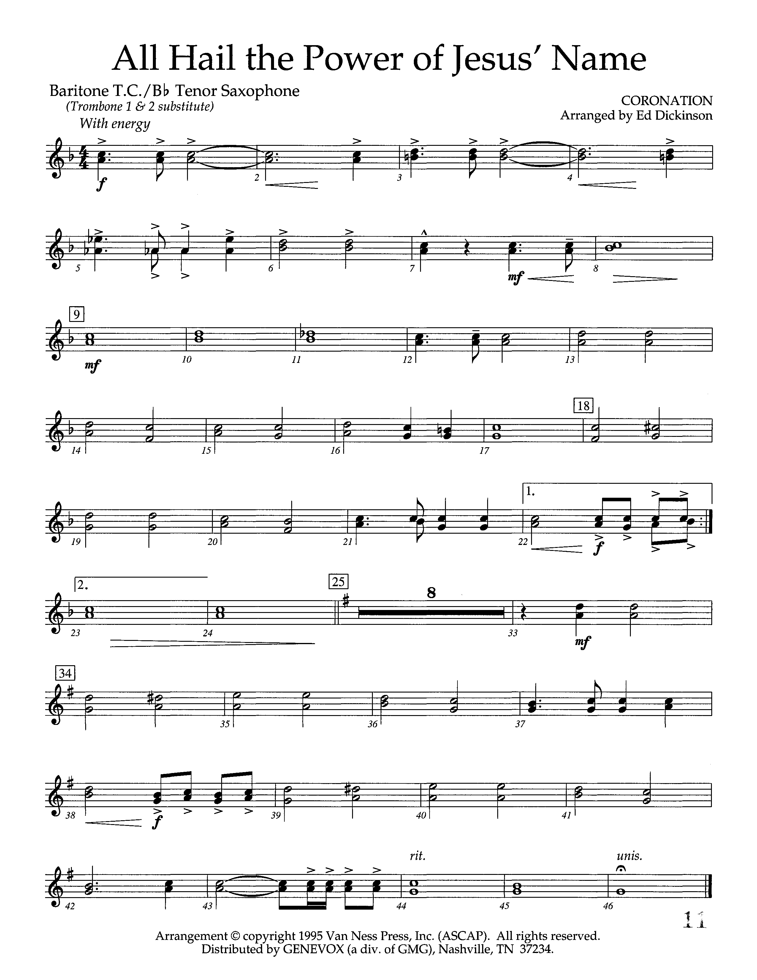 All Hail The Power Of Jesus Name (Coronation) (Instrumental) Tenor Sax/Baritone T.C. (Lifeway Worship / Arr. Ed Dickinson)