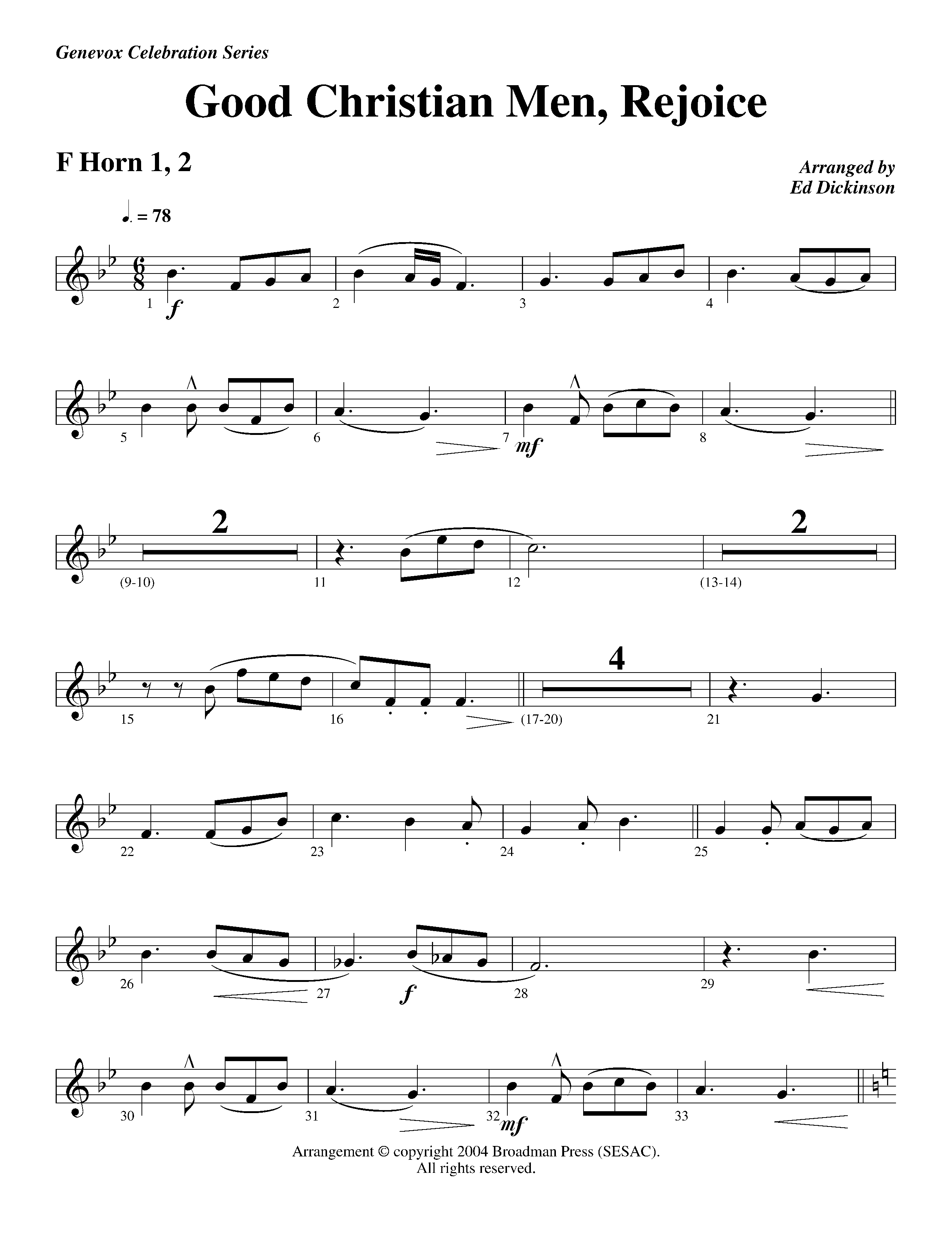 Good Christian Men Rejoice (Instrumental) French Horn 1/2 (Lifeway Worship / Arr. Ed Dickinson)