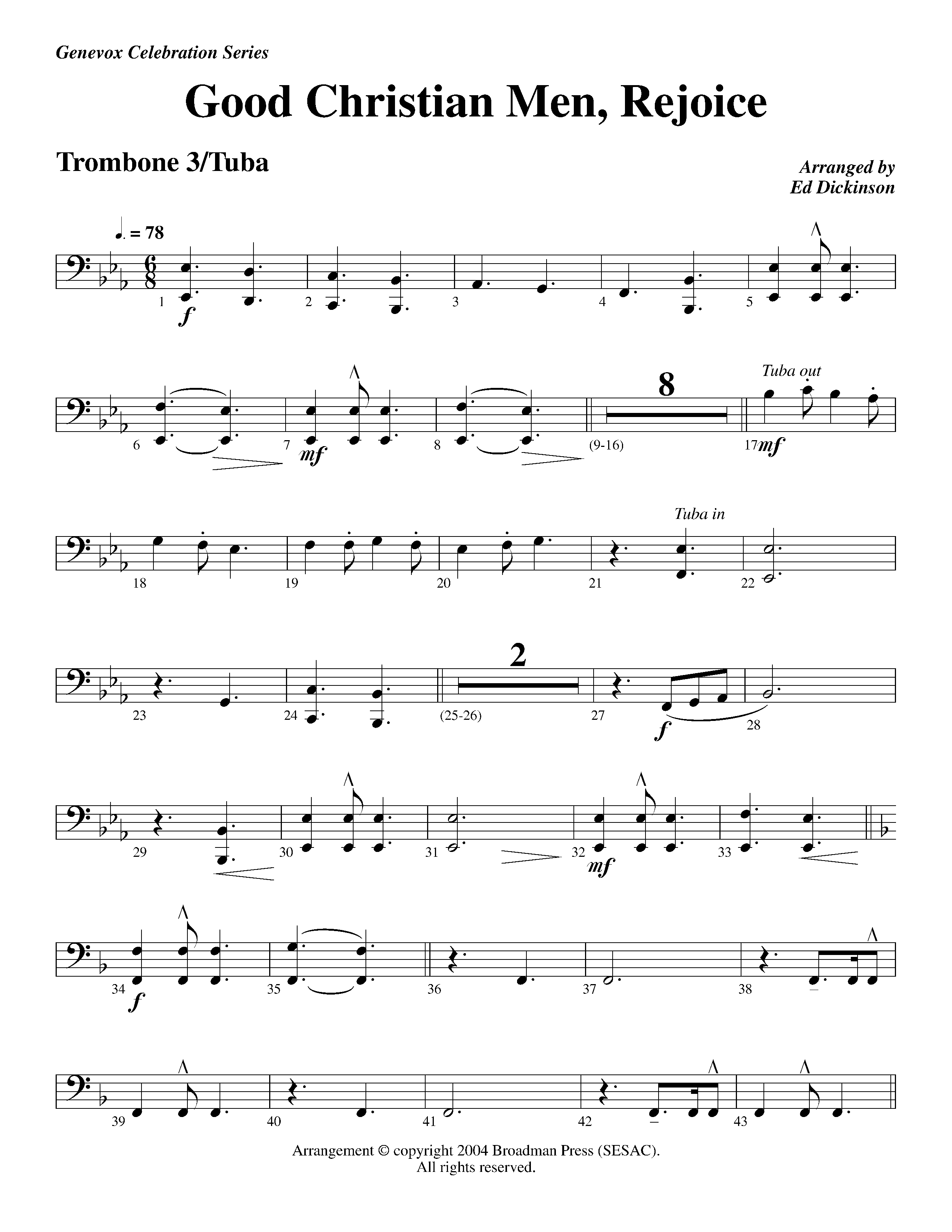 Good Christian Men Rejoice (Instrumental) Trombone 3/Tuba (Lifeway Worship / Arr. Ed Dickinson)